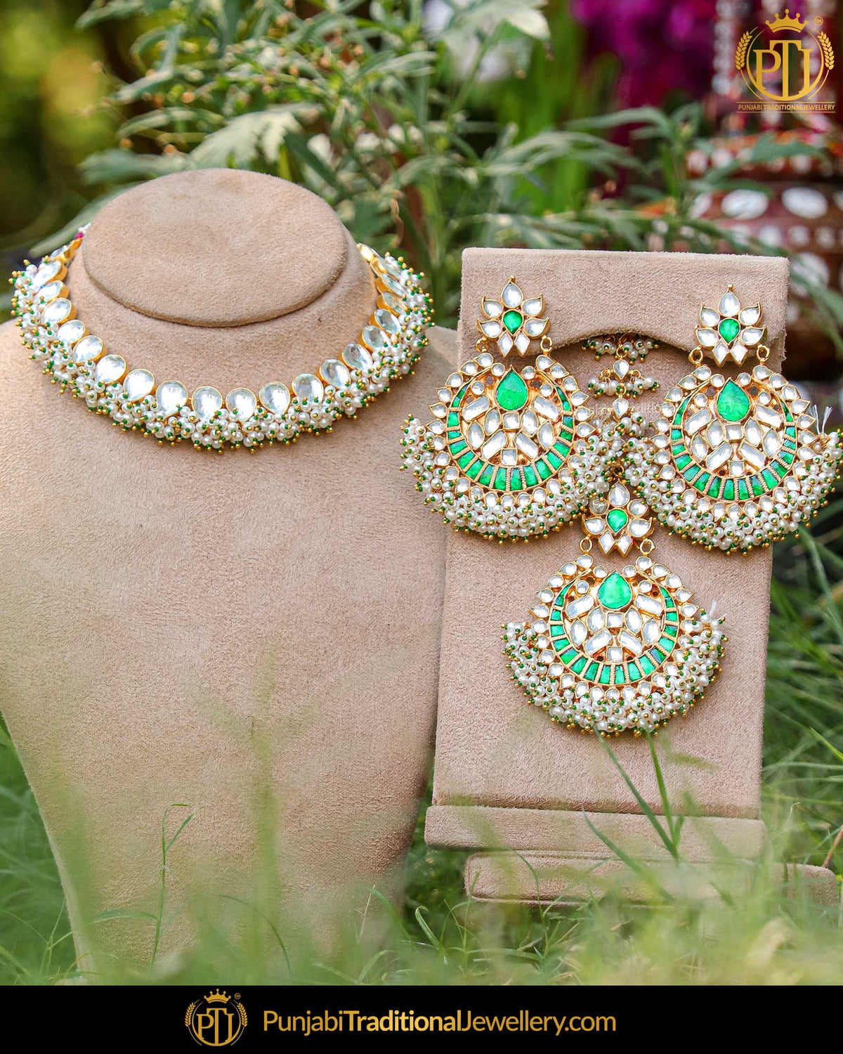Gold Finished Green Pearl Kundan Necklace Set | Punjabi Traditional Jewellery Exclusive