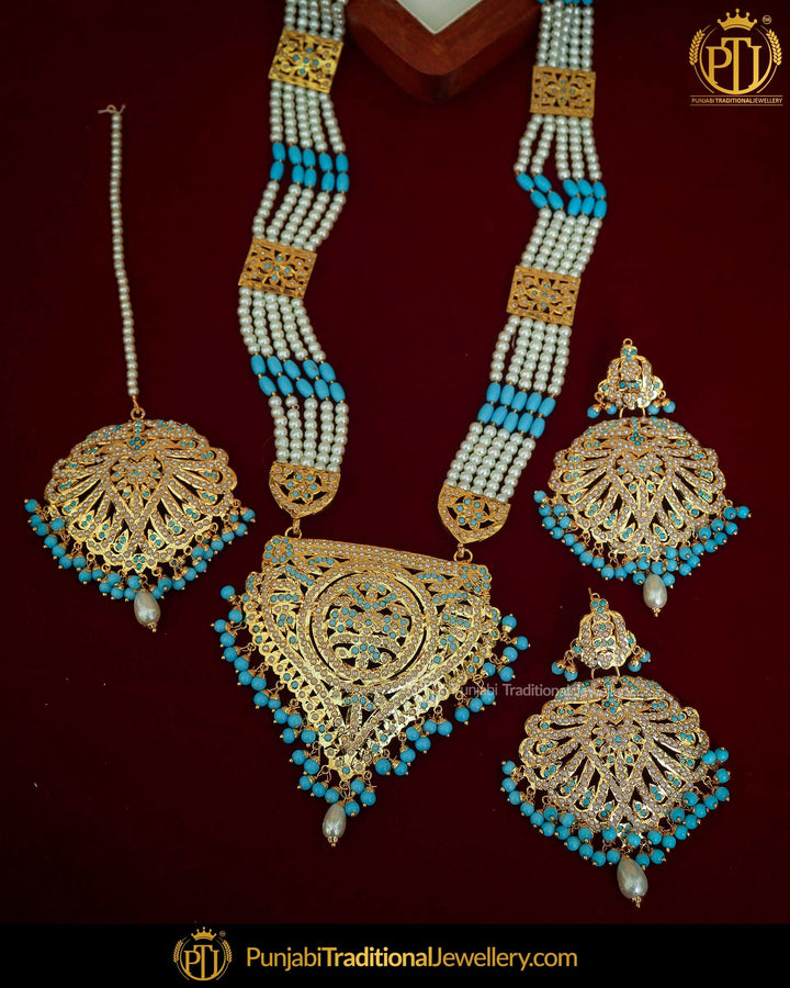 Gold Finished Firozi Pearl Jadau Long Necklace Set | Punjabi Traditional Jewellery Exclusive