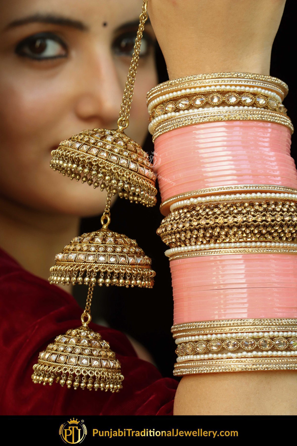 Gold Finished Jerkan Peach Bridal Chura & Polki Bridal Kalira | Punjabi Traditional Jewellery Exclusive