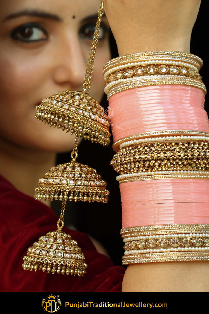 Gold Finished Jerkan Peach Bridal Chura & Polki Bridal Kalira | Punjabi Traditional Jewellery Exclusive