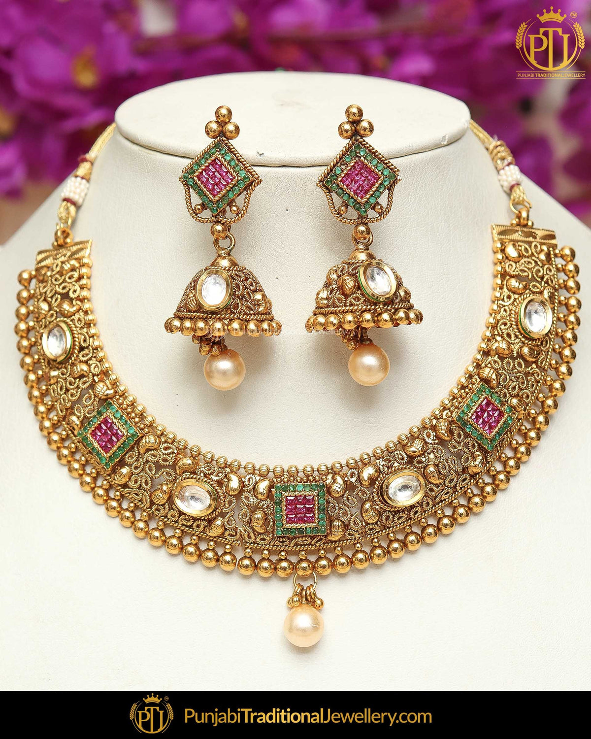 Antique Gold Finished Rubby Emerald Kundan Pearl Necklace Set  | Punjabi Traditional Jewellery Exclusive