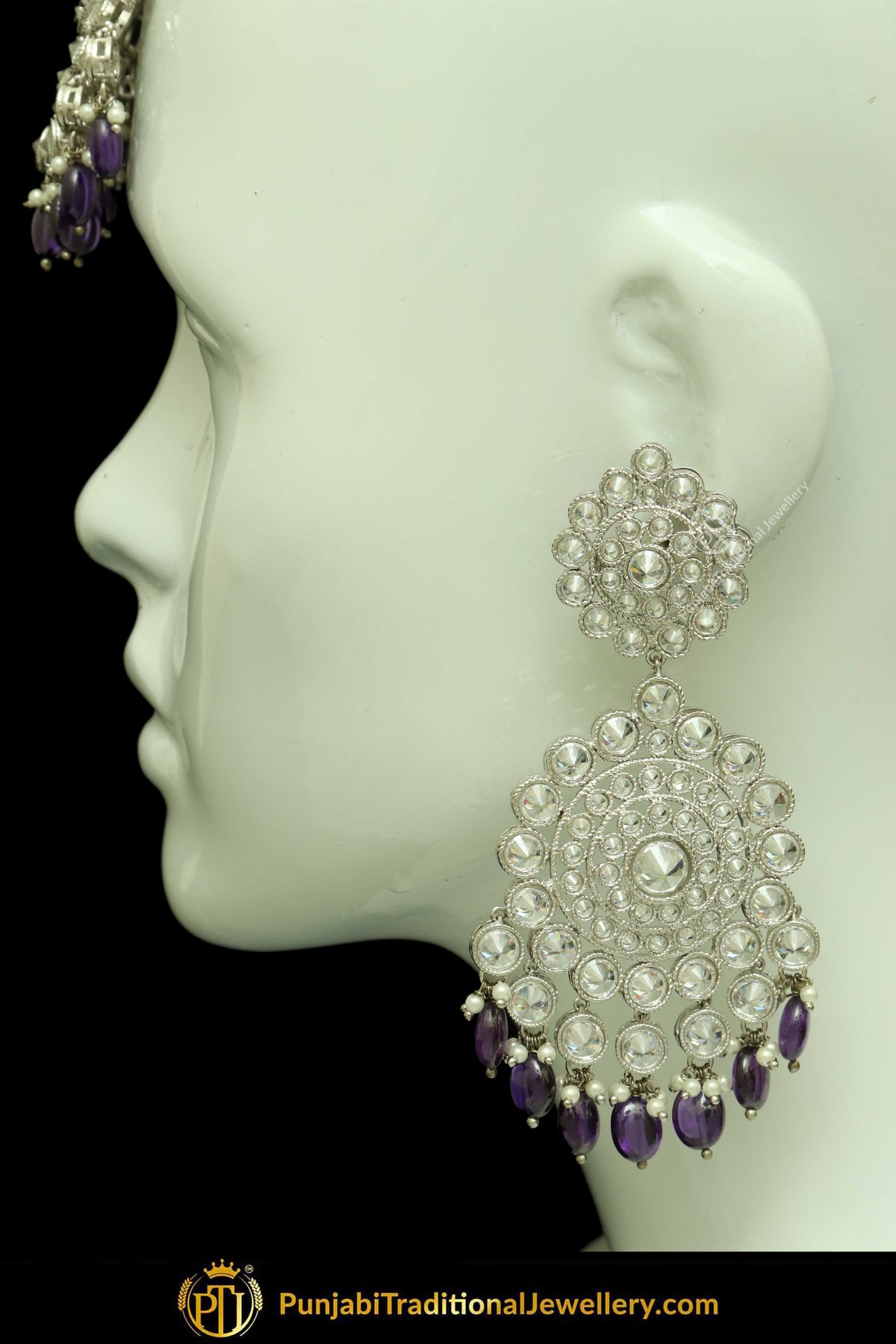 Silver Finished Polki Stone Blue Drops Earrings & Tikka Set By Punjabi Traditional Jewellery