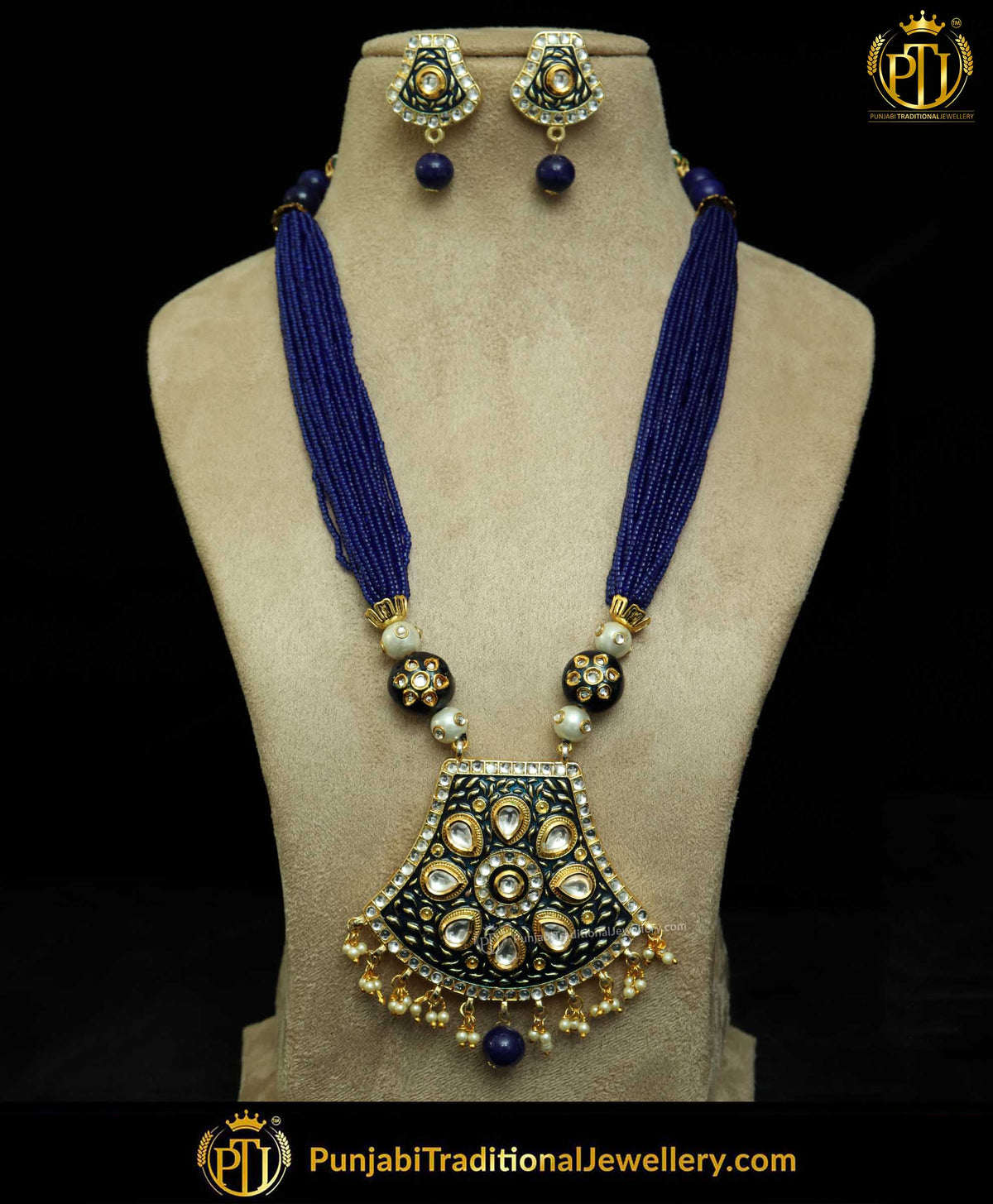Blue Hand-Painted Mugal Mala & Earrings | Punjabi Traditional Jewellery Exclusive