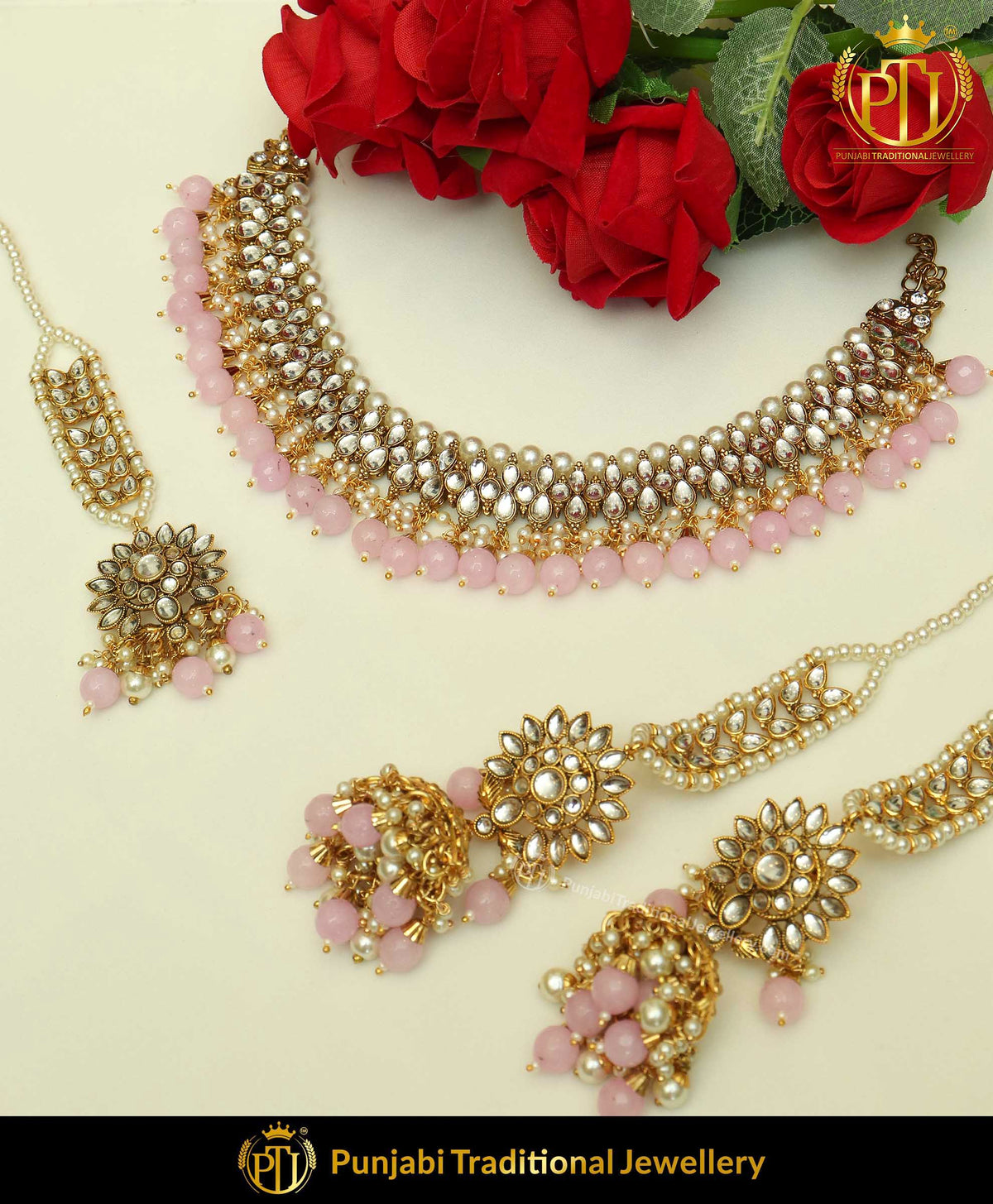Kaashna Antique Gold Finished Baby Pink Kundan Choker Set | Punjabi Traditional Jewellery Exclusive