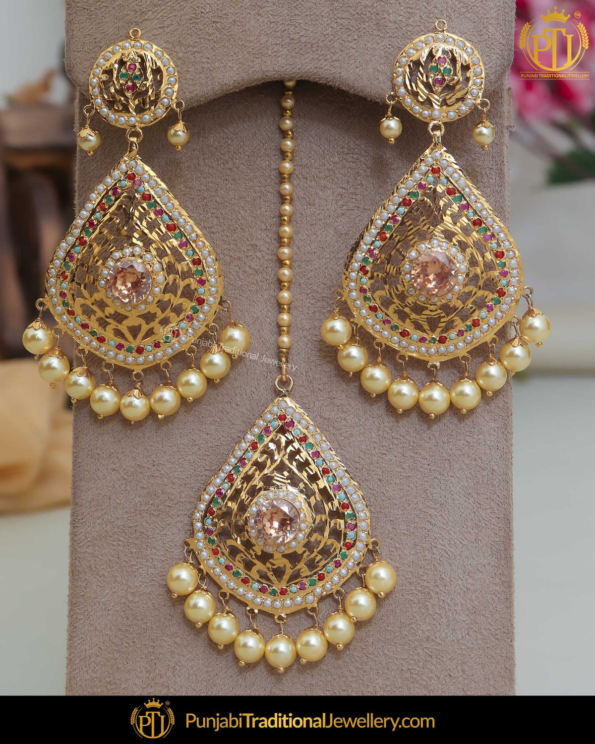 Gold Finished Jadau Multi Earring Tikka Set | Punjabi Traditional Jewellery Exclusive