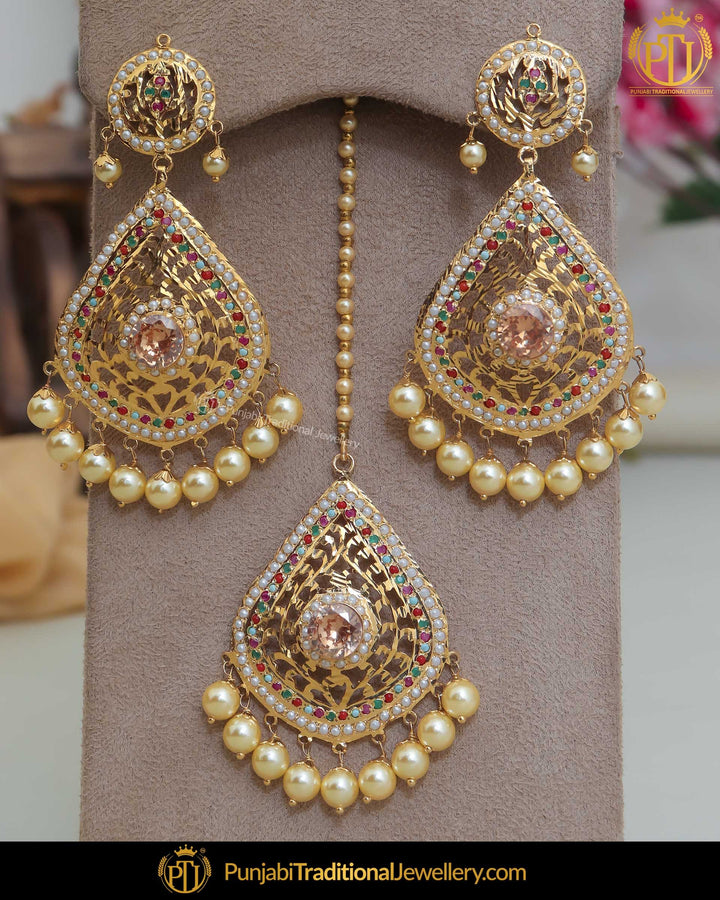 Gold Finished Jadau Multi Earring Tikka Set | Punjabi Traditional Jewellery Exclusive