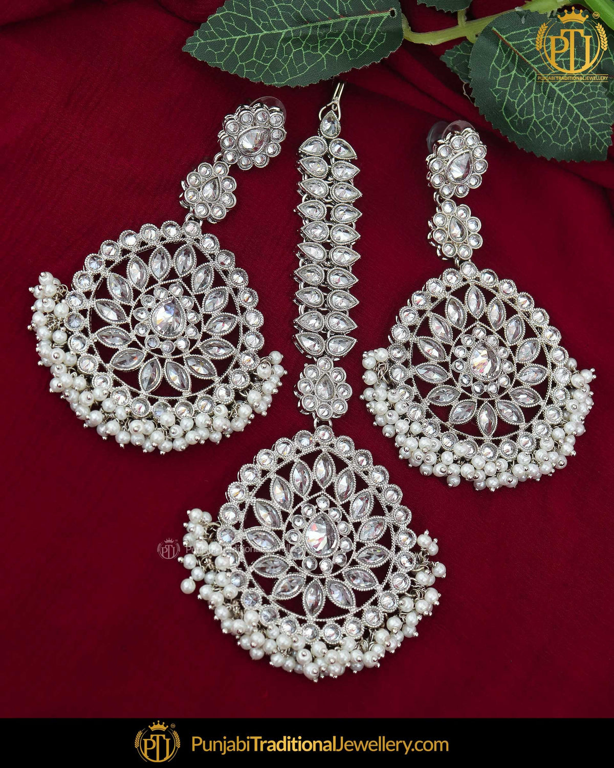 Silver Finished Polki Earrings & Tikka | Punjabi Traditional Jewellery Exclusive