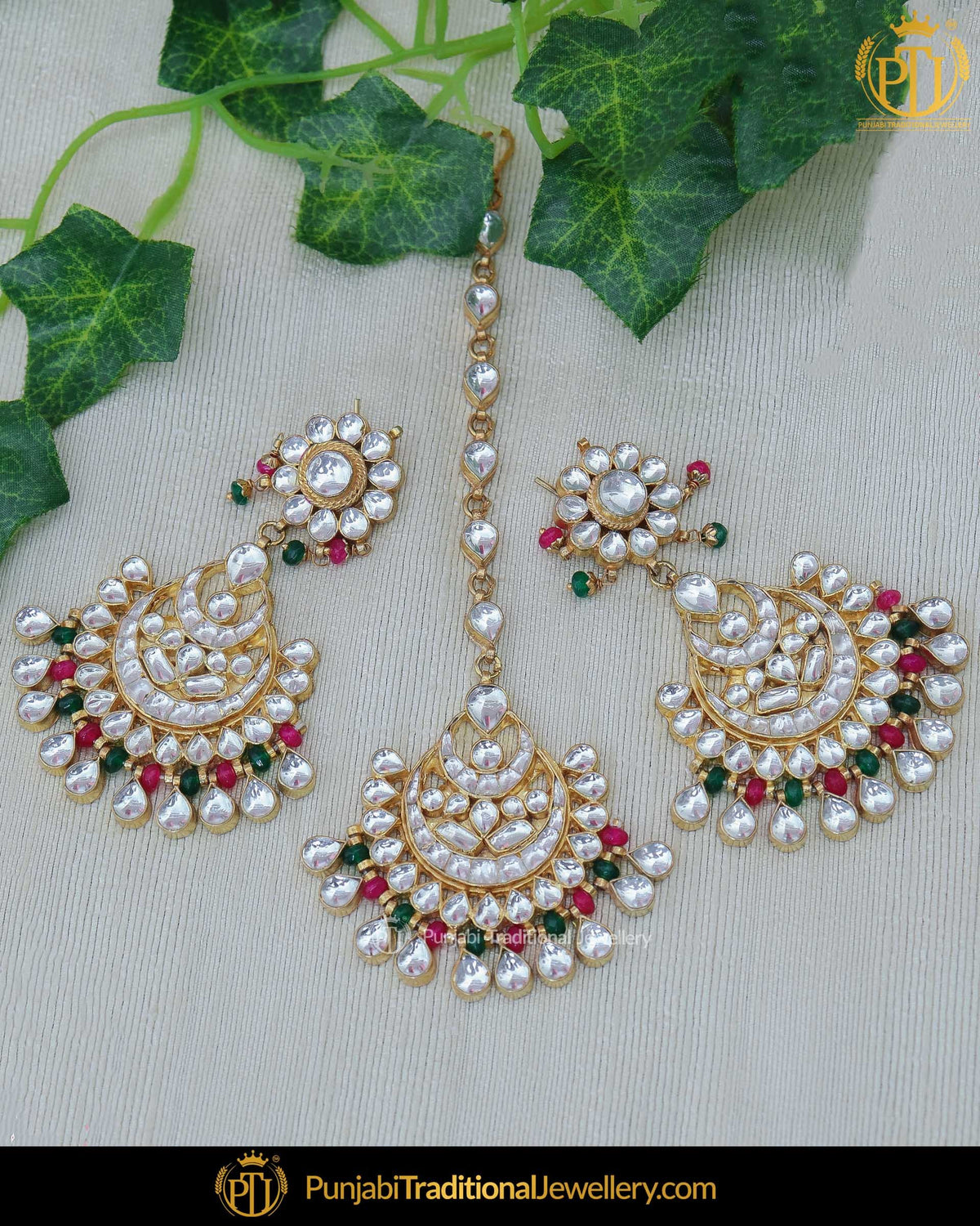 Gold Finished Pearl Rubby Emerald Kundan Earring Tikka Set | Punjabi Traditional Jewellery Exclusive