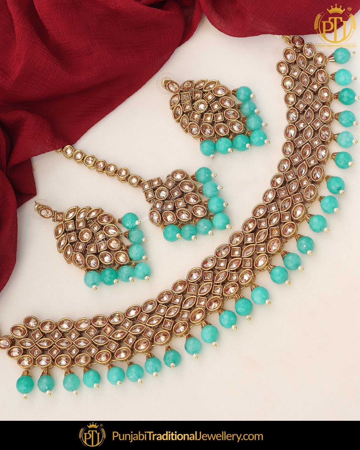 Gold Finished Firozi Chamapgne Stone Pearl Choker Necklace Set | Punjabi Traditional Jewellery Exclusive