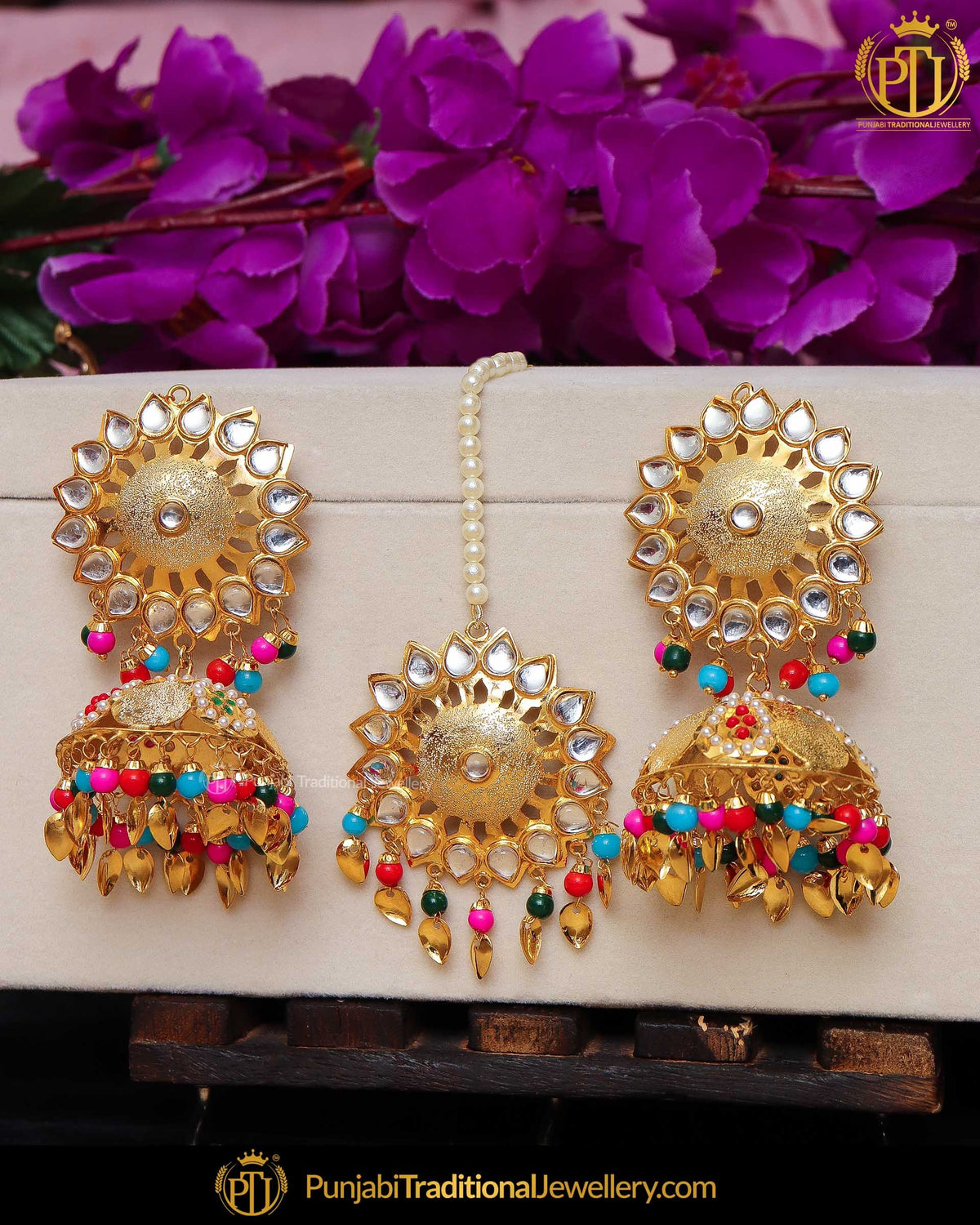Gold Finished Navratan Pippal Patti Jadau Pearl Jhumki Earring Tikka Set | Punjabi Traditional Jewellery Exclusive