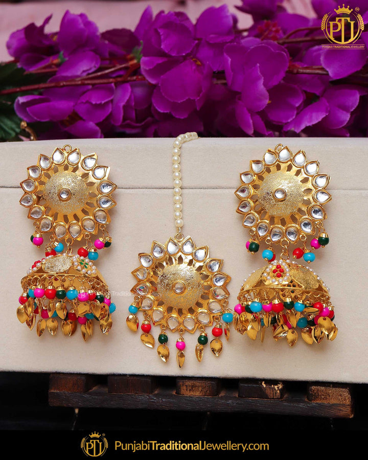 Gold Finished Navratan Pippal Patti Jadau Pearl Jhumki Earring Tikka Set | Punjabi Traditional Jewellery Exclusive
