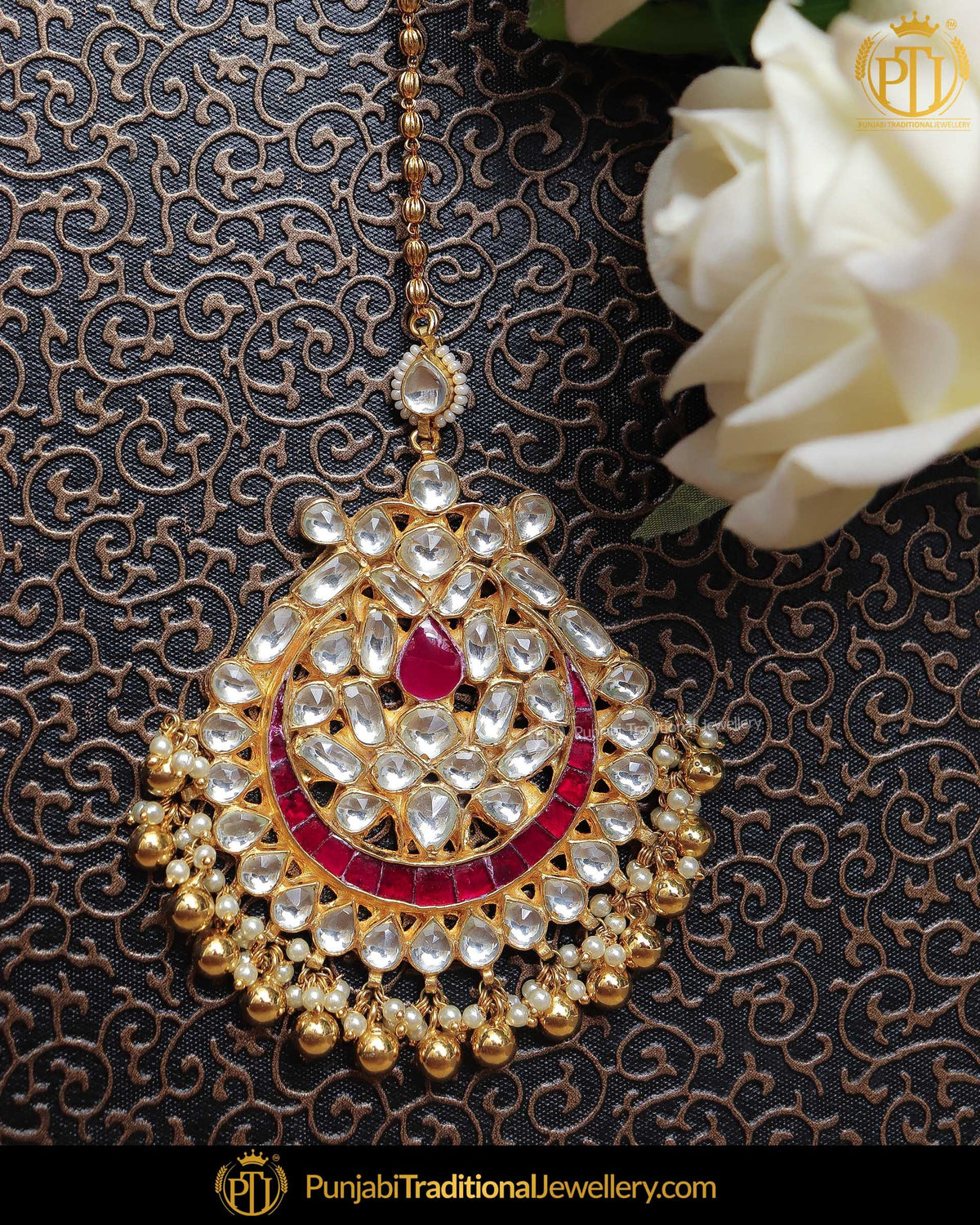 Gold Finished Rubby Kundan Pearl Tikka | Punjabi Traditional Jewellery Exclusive