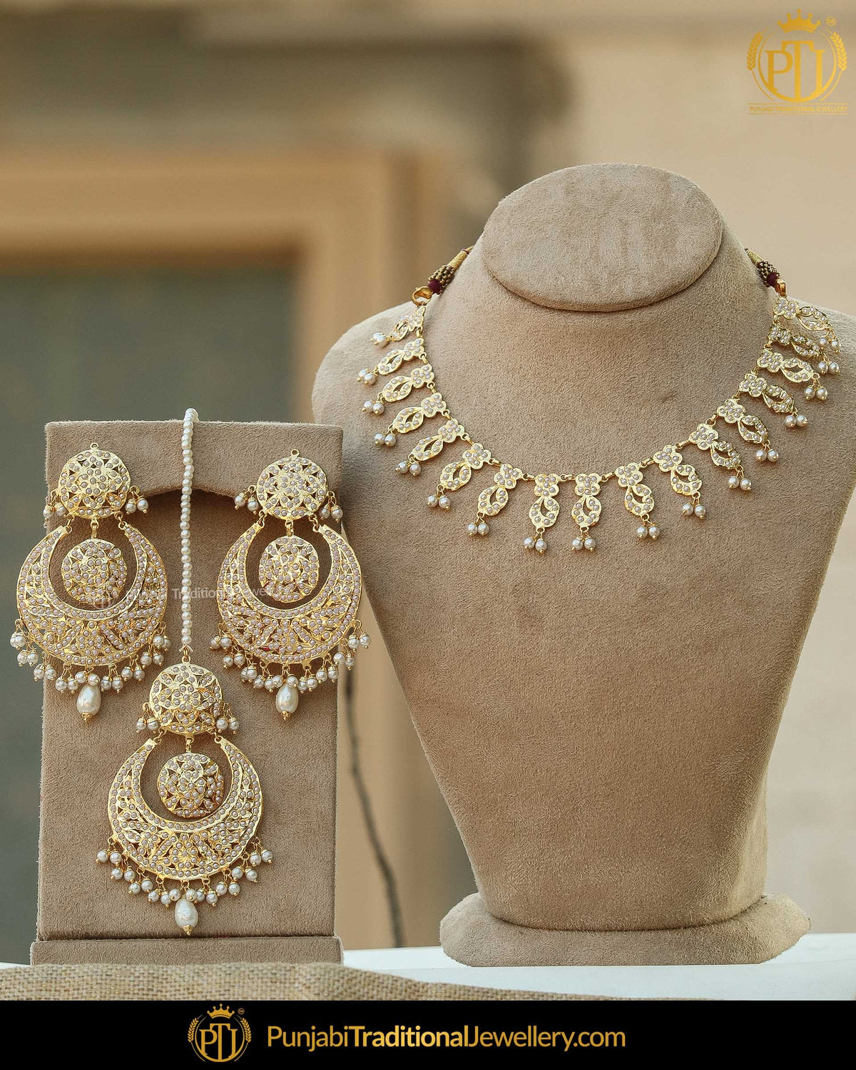 Gold Finished Pearl Jadau Necklace Set | Punjabi Traditional Jewellery Exclusive