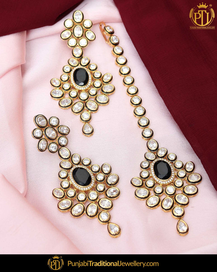 Gold Finished Blue Kundan Earring Tikka Set | Punjabi Traditional Jewellery Exclusive