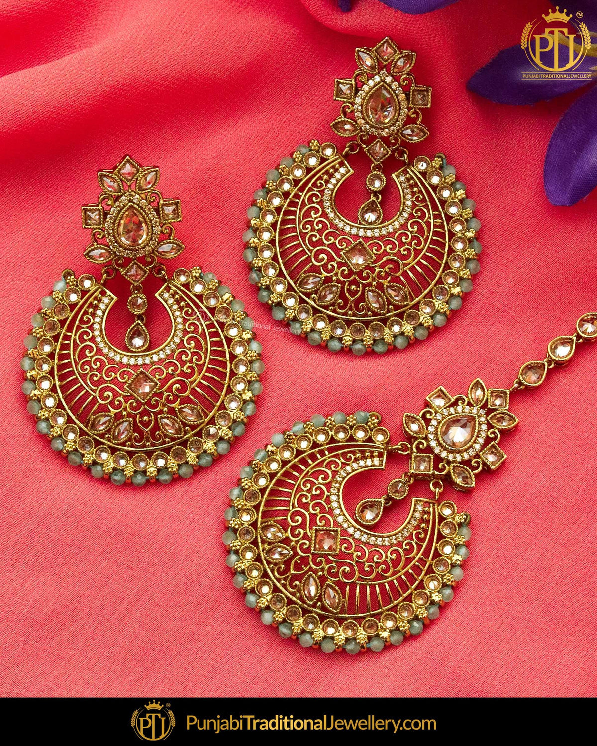 Antique Gold Finished Green Champagne Stone Pearl Earring Tikka Set | Punjabi Traditional Jewellery Exclusive