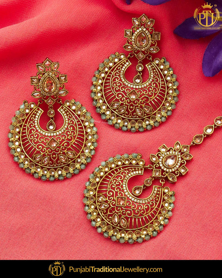 Antique Gold Finished Green Champagne Stone Pearl Earring Tikka Set | Punjabi Traditional Jewellery Exclusive
