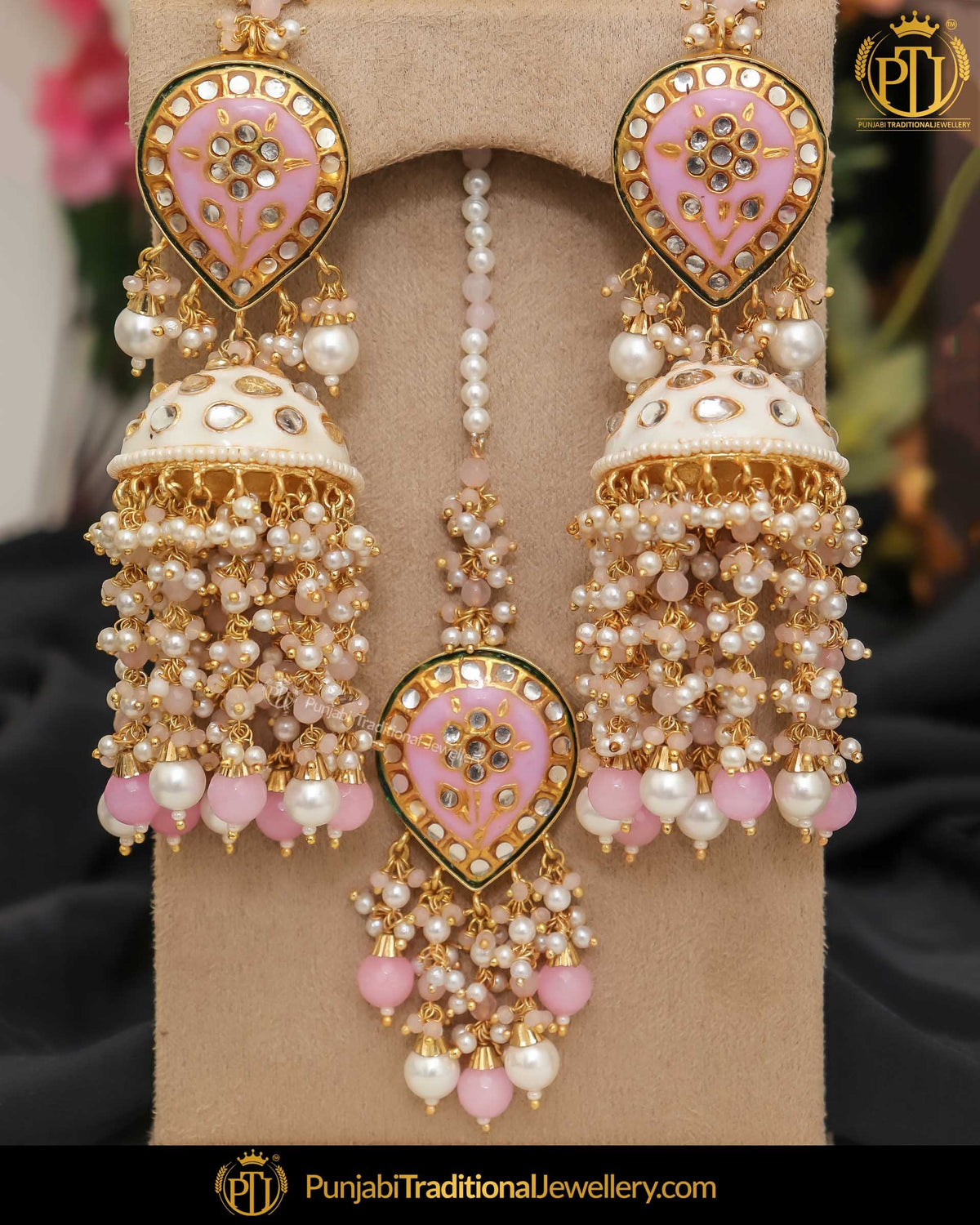 Hand Painted Meena Kundan Pearl Pink Sahare Earrings & Tikka | Punjabi Traditional Jewellery Exclusive