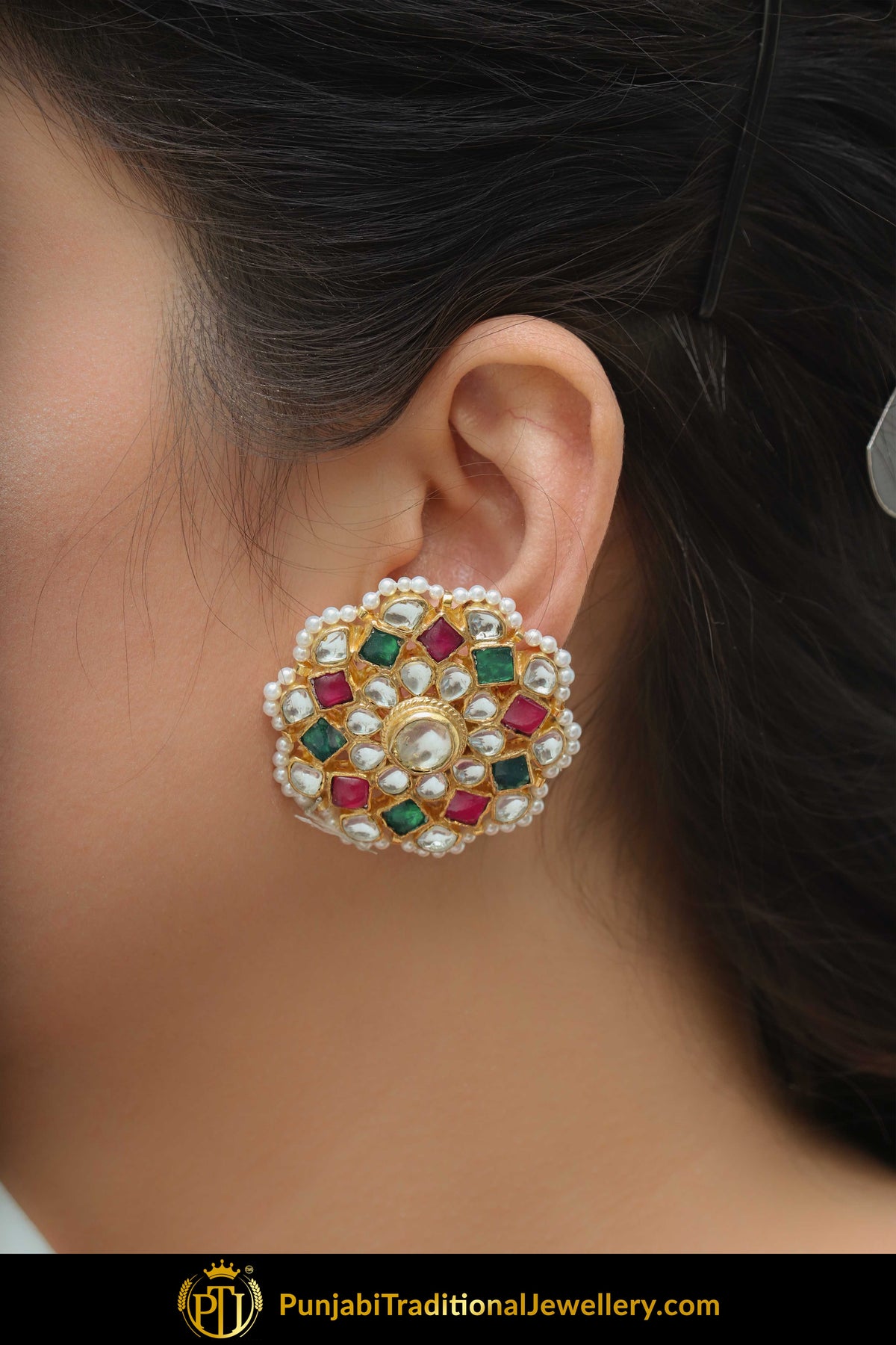 Abida Gold Finished Navratan Kundan Stud Earrings & Tikka Set | Punjabi traditional Jewellery Exclusive