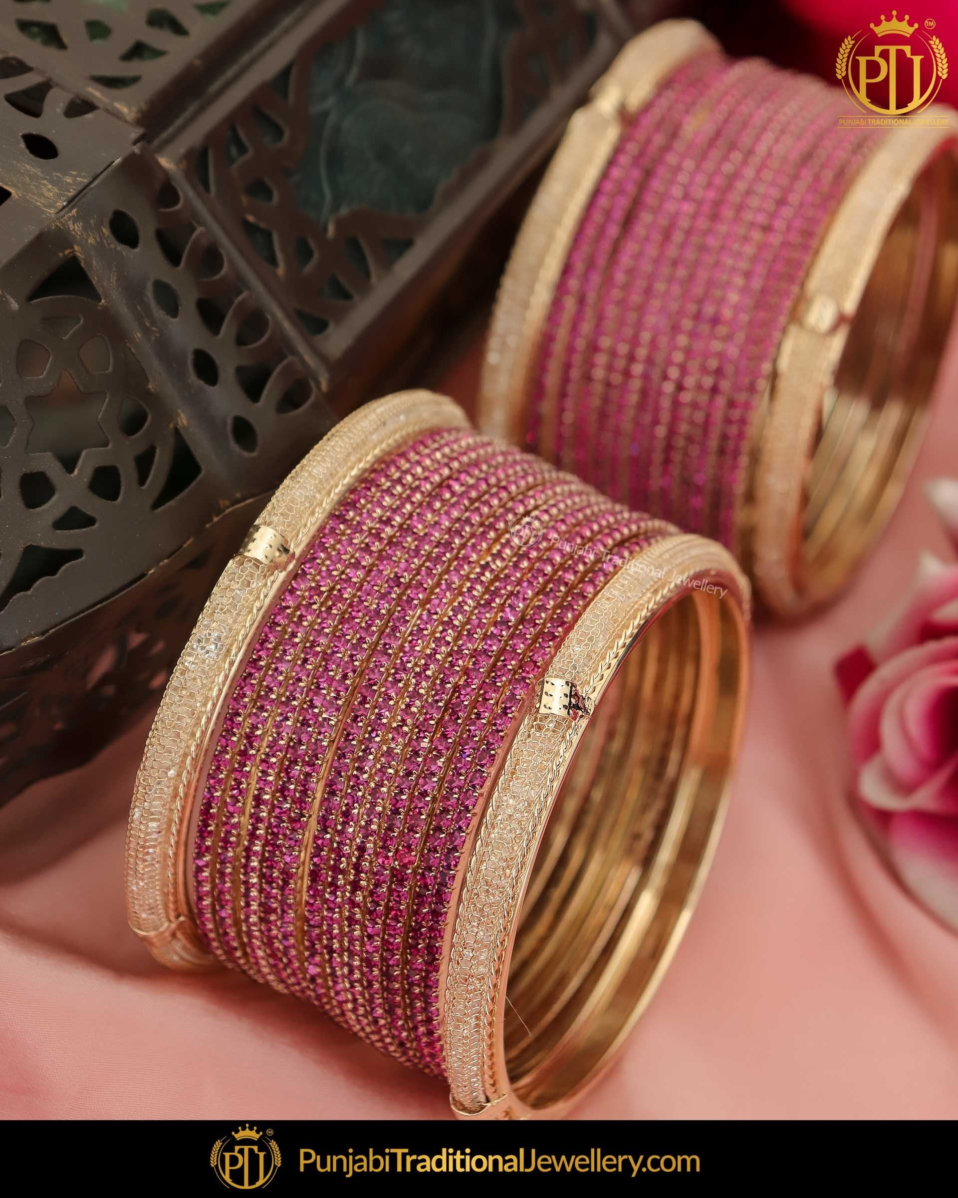Antique Gold Finished Purple AD Stone Bangle Set (Both Hand Pair) | Punjabi Traditional Jewellery Exclusive