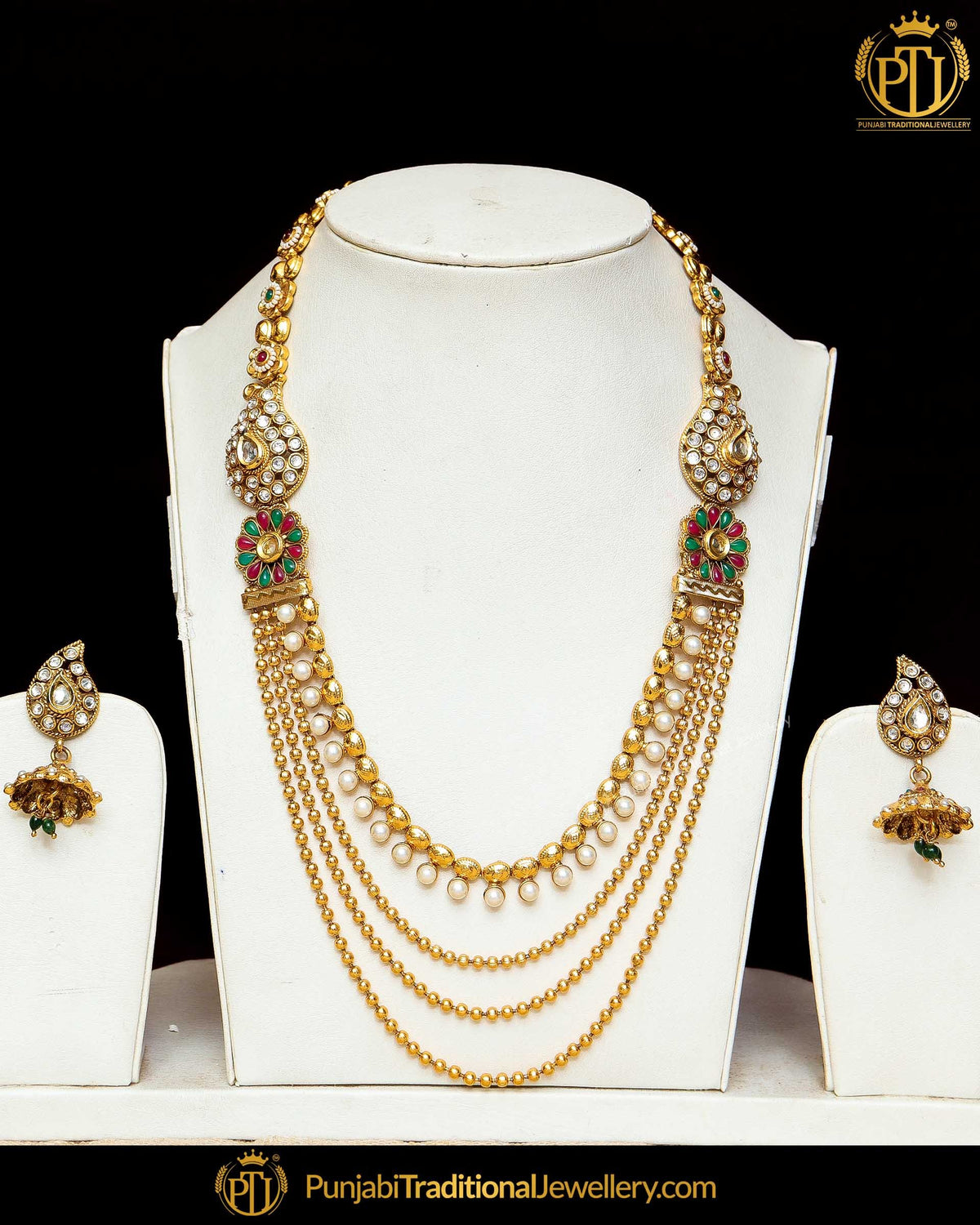 Antique Gold Finished Emerald Rubby Johda long Set | Punjabi Traditional Jewellery Exclusive
