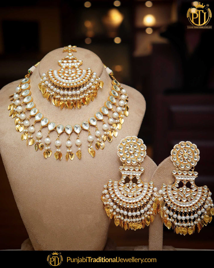 Gold Finished Pearl Pippal Patti Kundan Necklace Set | Punjabi Traditional Jewellery Exclusive