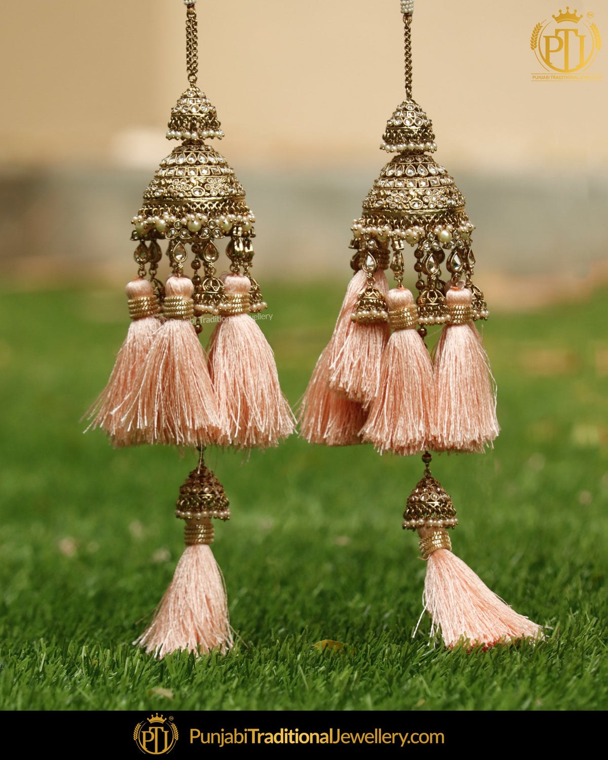Gold Finished Champagne Stone Peach Tassel Bridal Kalira