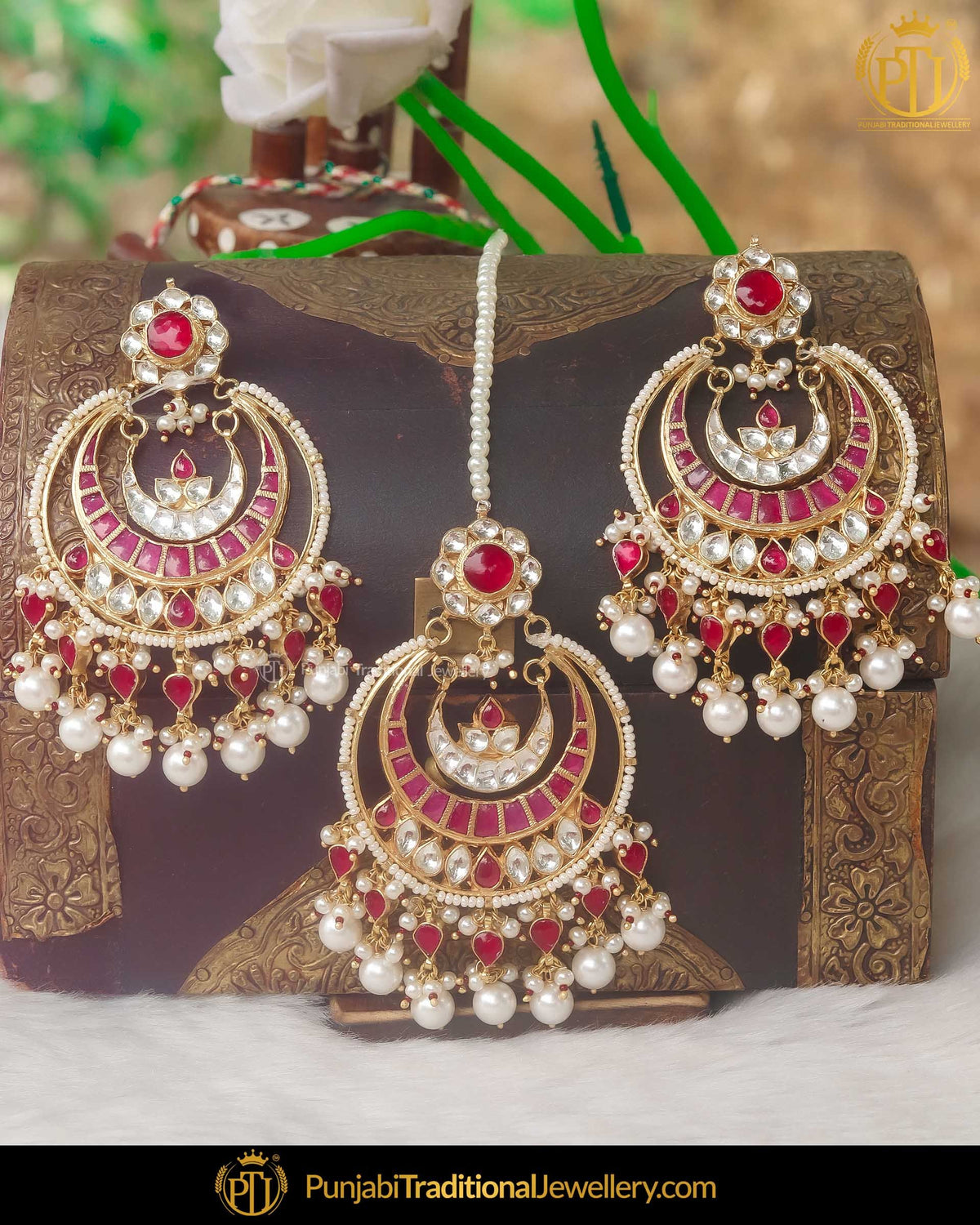 Gold Finished Kundan Pearl Rubby Earring Tikka Set | Punjabi Traditional Jewellery Exclusive