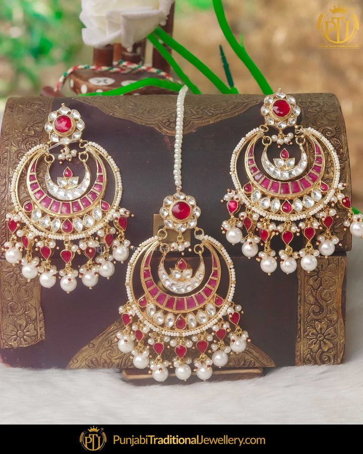 Gold Finished Kundan Pearl Rubby Earring Tikka Set | Punjabi Traditional Jewellery Exclusive