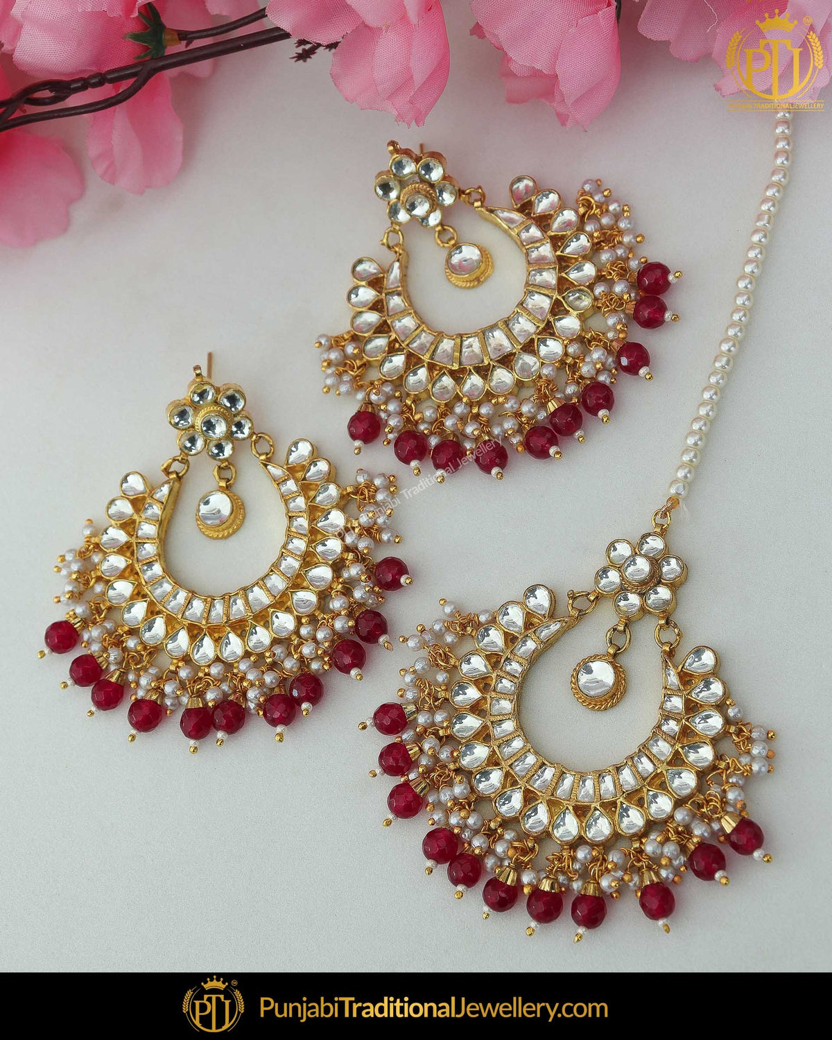 Gold Finished Rubby Pearl Kundan Earring Tikka Set | Punjabi Traditional Jewellery Exclusive