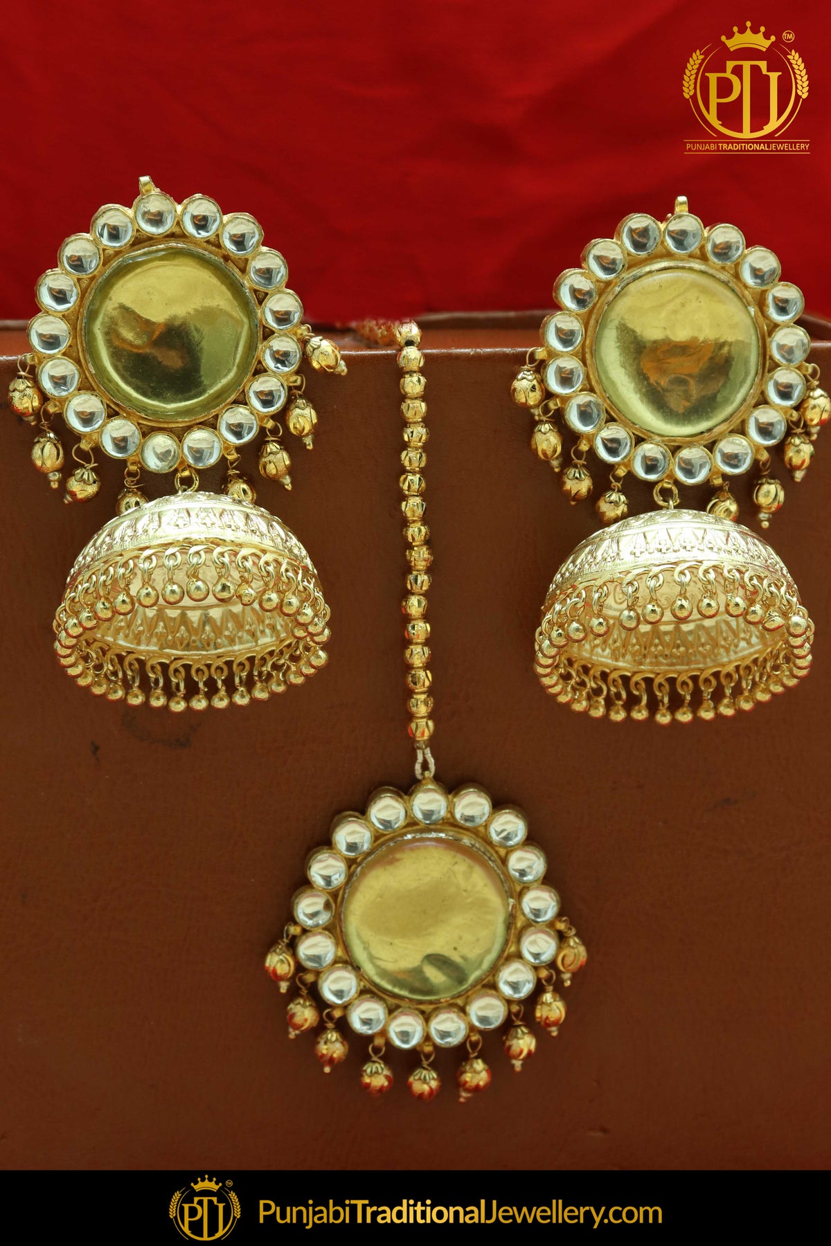 Golden Kundan Stud Jhumki Earrings & Stud Tikka Set | Punjabi Traditional Jewellery Exclusive