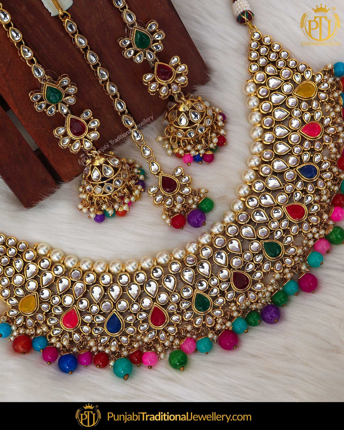 Gold Finished Navratan Kundan Pearl Choker Necklace & Sahare Earrings | Punjabi Traditional Jewellery Exclusive