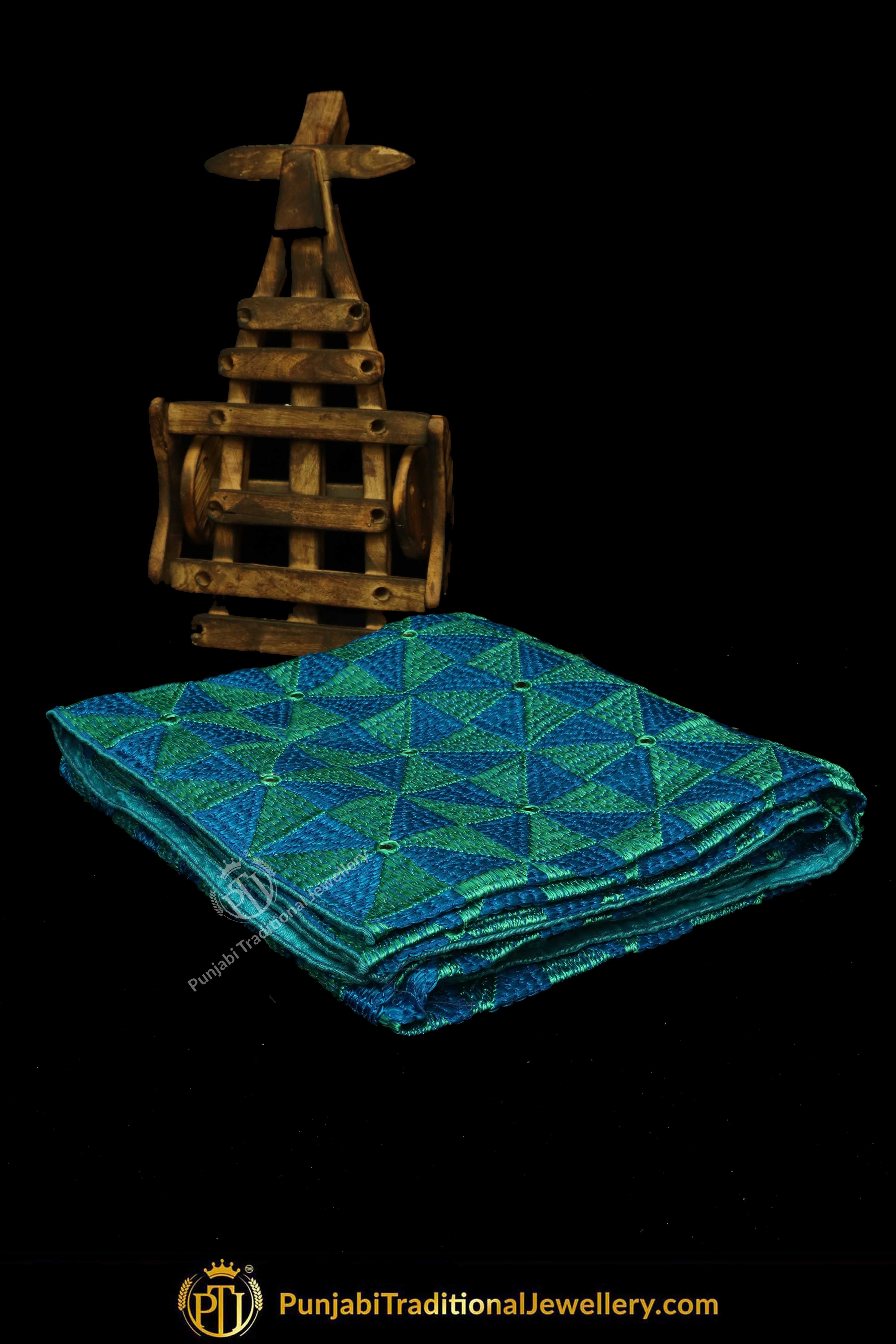 Firozi & Green Color Pure Phulkari Dupatta By Punjabi Traditional Jewellery