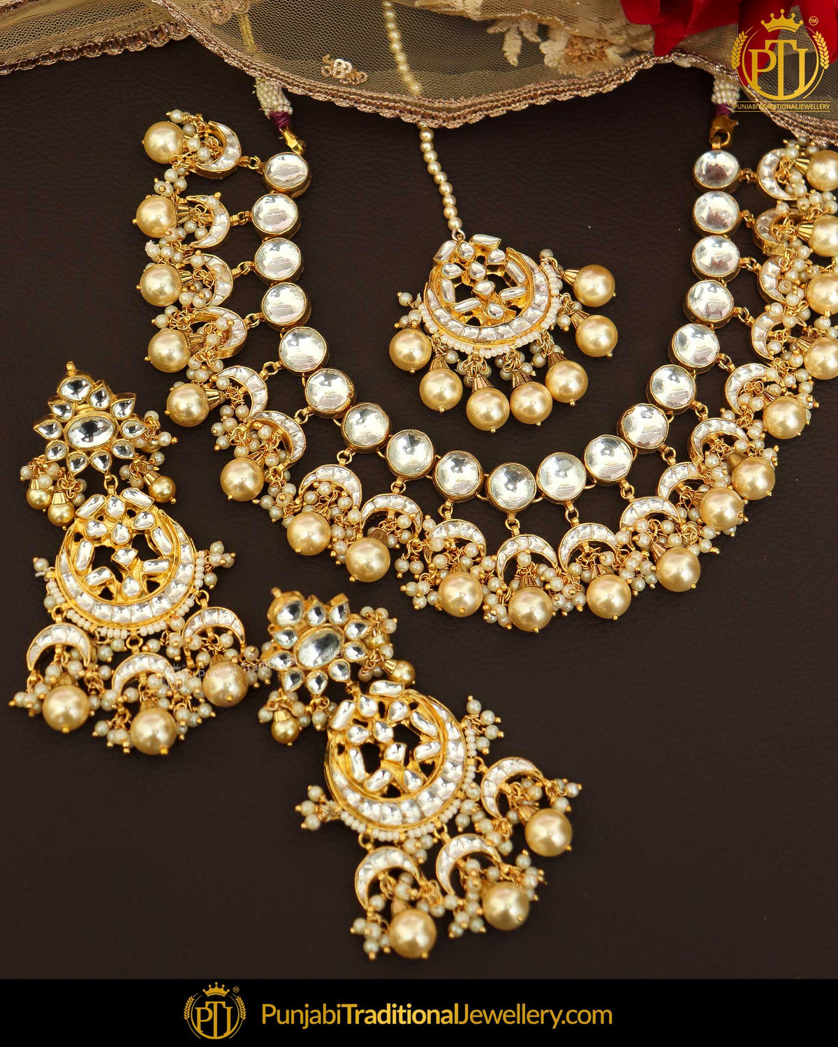 Gold Finished Pearl Kundan Necklace Set | Punjabi Traditional Jewellery Exclusive