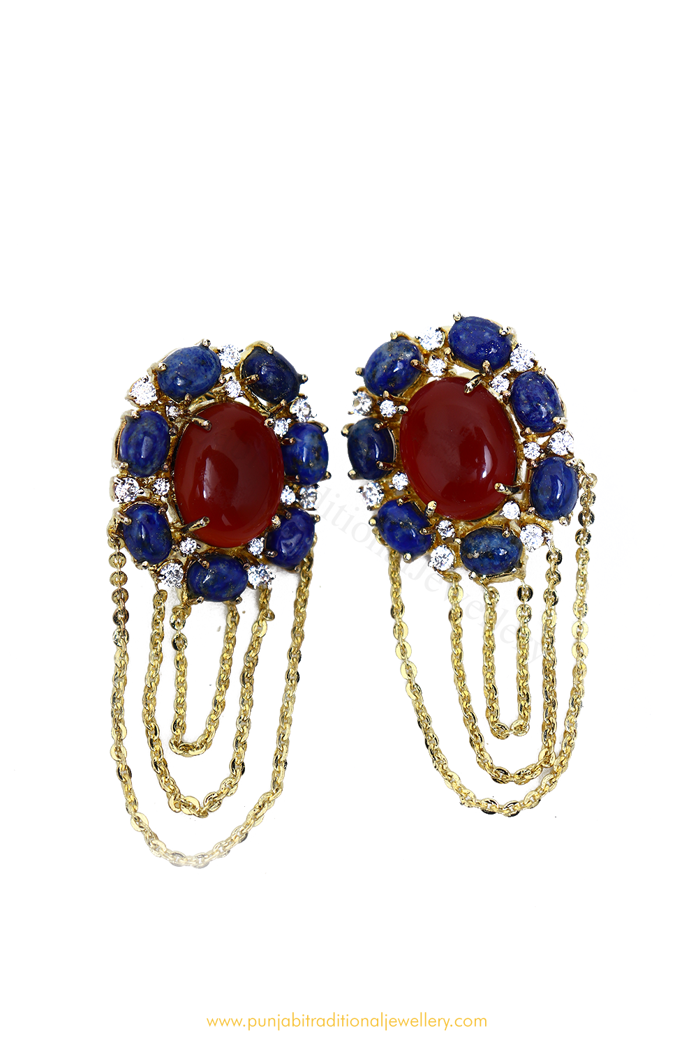 Gold Finished Red & Blue Earrings By PTJ