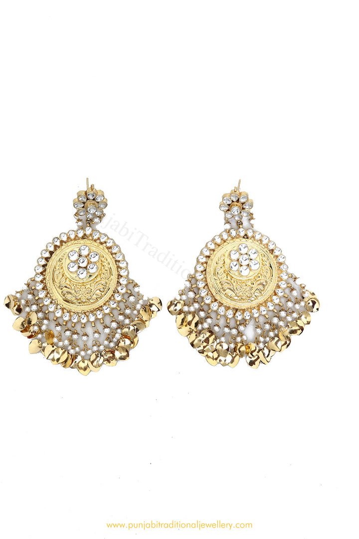 Gold Finished Kundan Pippal Patti Earrings by PTJ