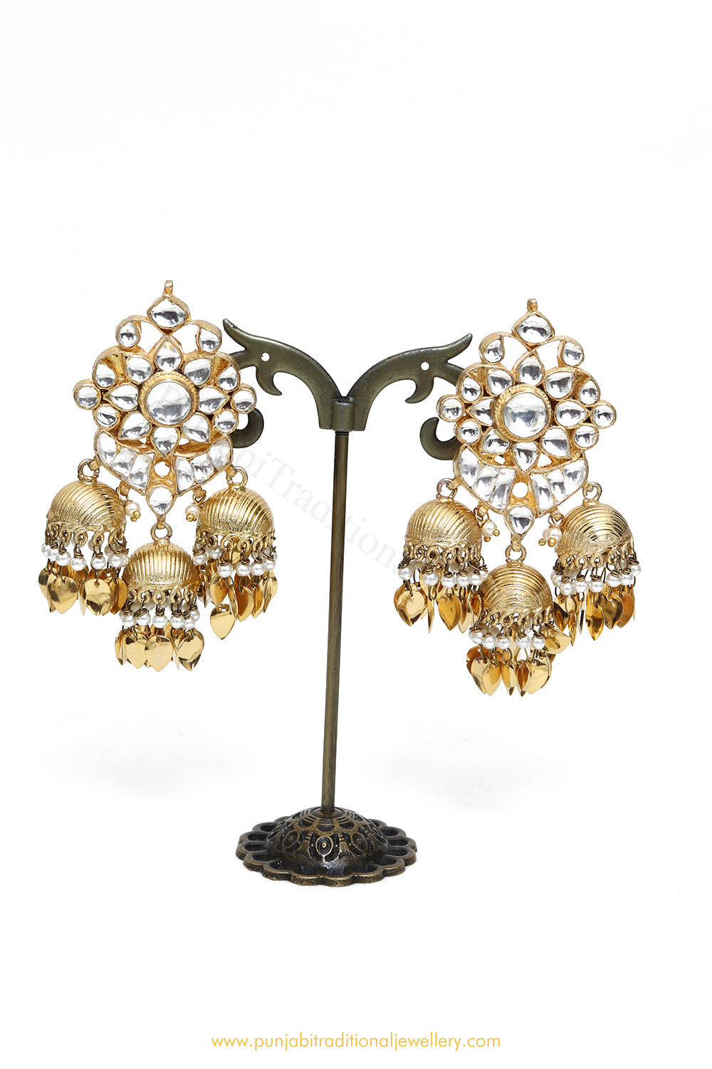 Gold Finished Kundan Pippal Patti Earrings by PTJ