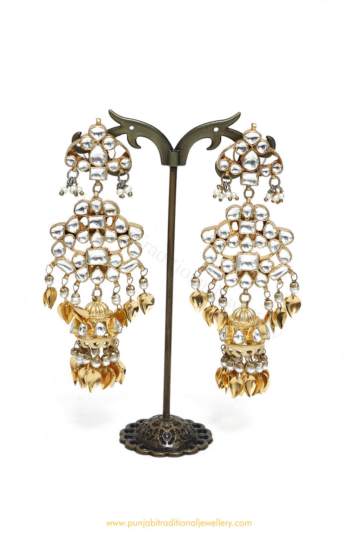 Gold Finished Kundan Pippal Patti Earrings by PTJ