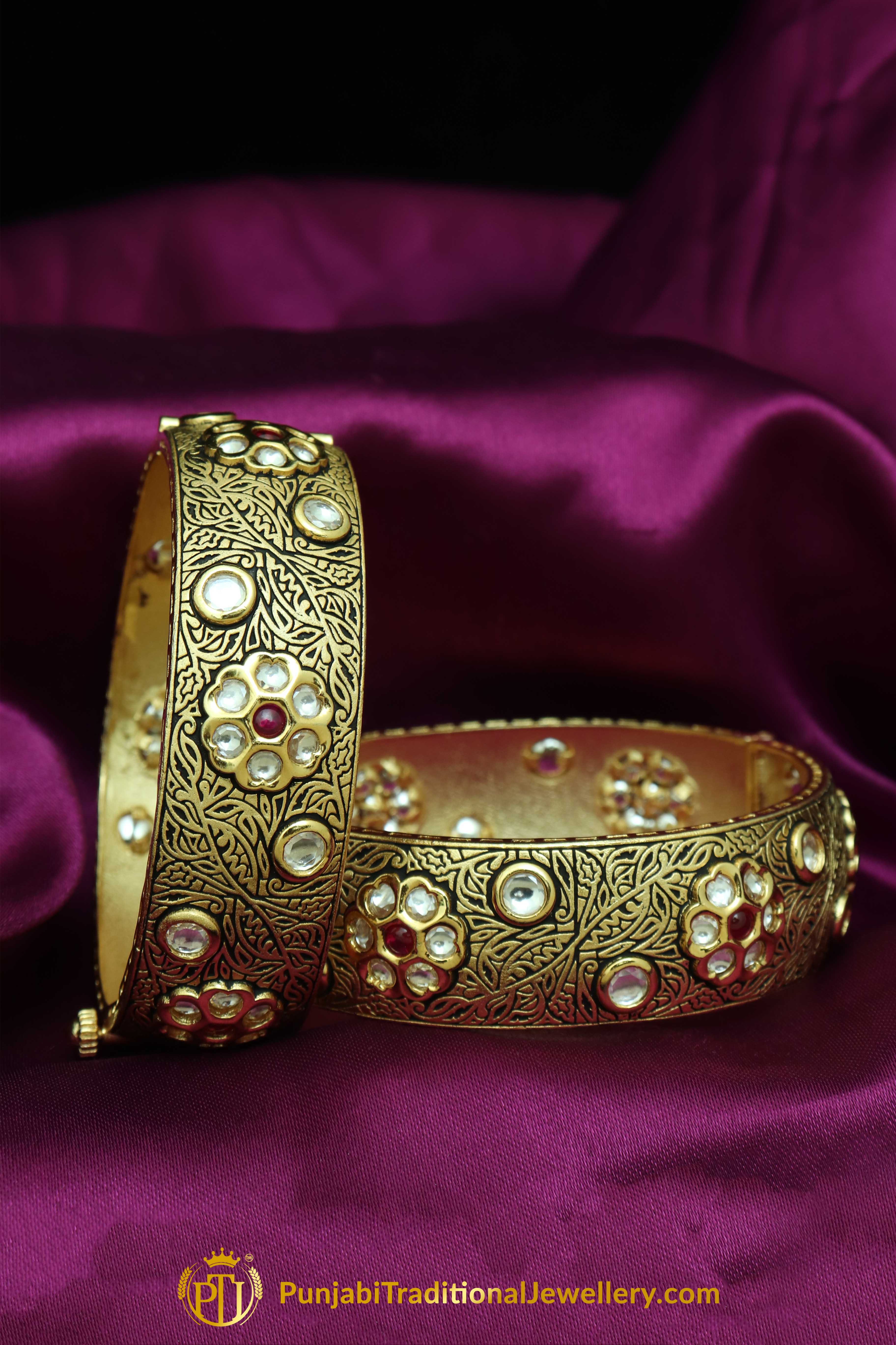 Farhat Antique Gold Finished Kundan Rubby Openable Karra Bangles (Pair) | Punjabi Traditional Jewellery Exclusive