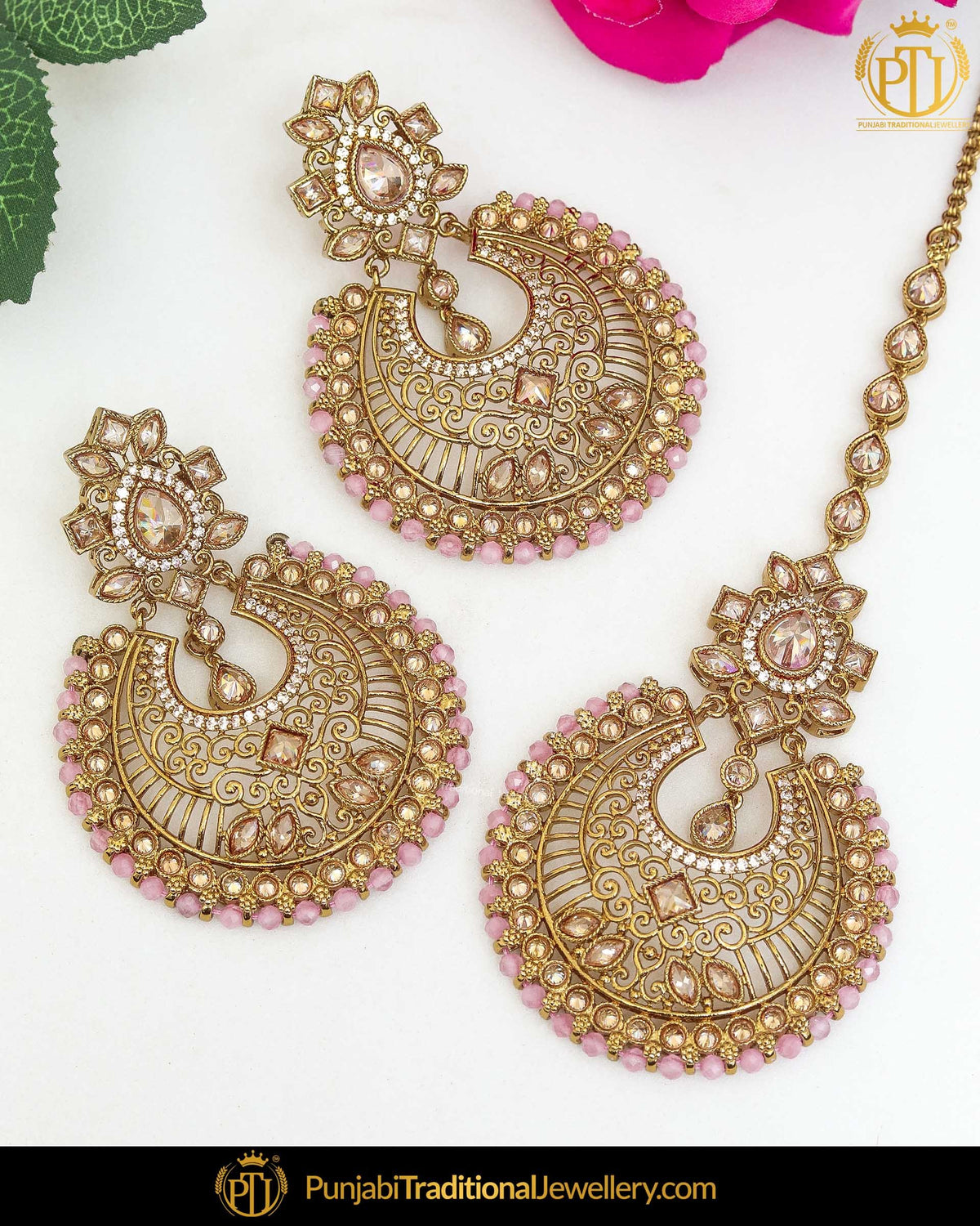 Antique Gold Finished Babby Pink Champagne Stone Pearl Earring Tikka Set | Punjabi Traditional Jewellery Exclusive