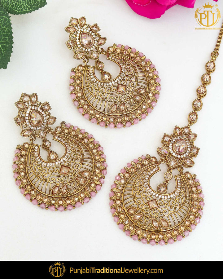 Antique Gold Finished Babby Pink Champagne Stone Pearl Earring Tikka Set | Punjabi Traditional Jewellery Exclusive