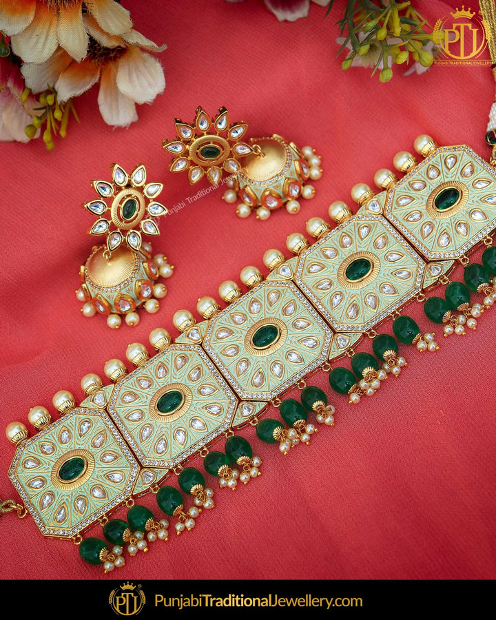 Hand Painted Meena Emerald Kundan Pearl Necklace Set | Punjabi Traditional Jewellery Exclusive