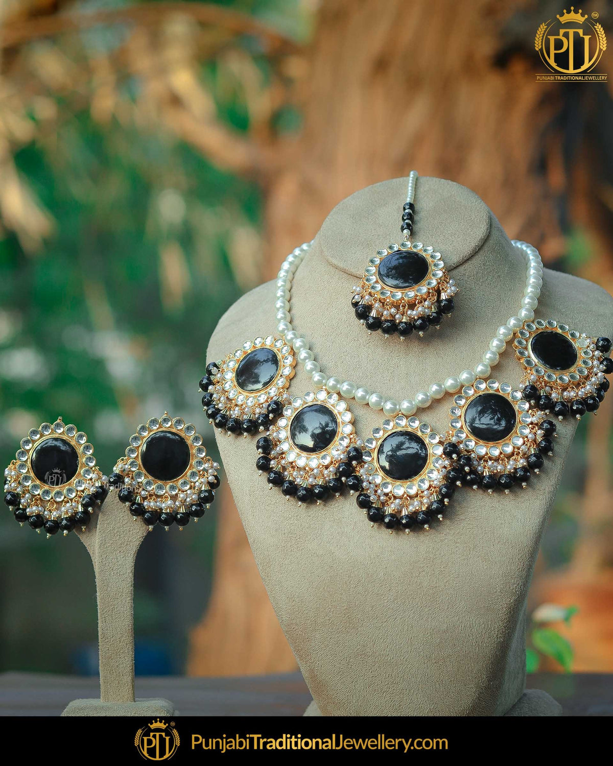 Gold Finished Black Kundan Pearl Necklace Set | Punjabi Traditional Jewellery Exclusive