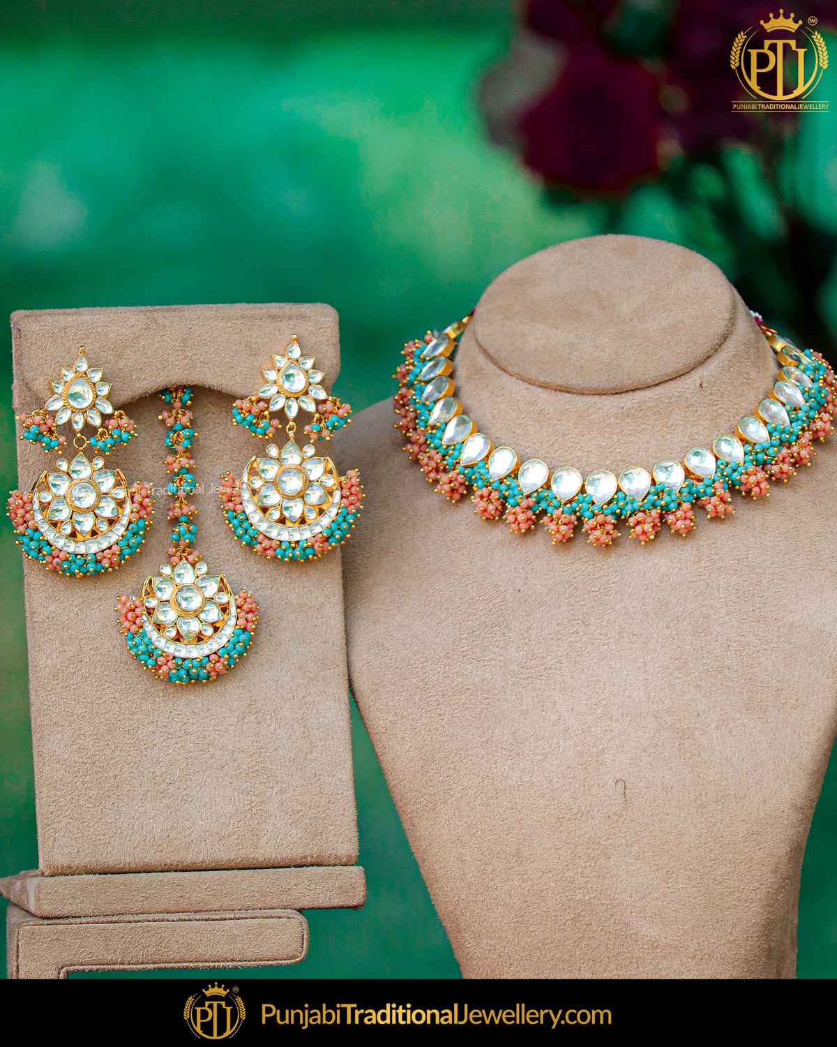Gold Finished Purple & Gajri Pearl Kundan Necklace Set | Punjabi Traditional Jewellery Exclusive