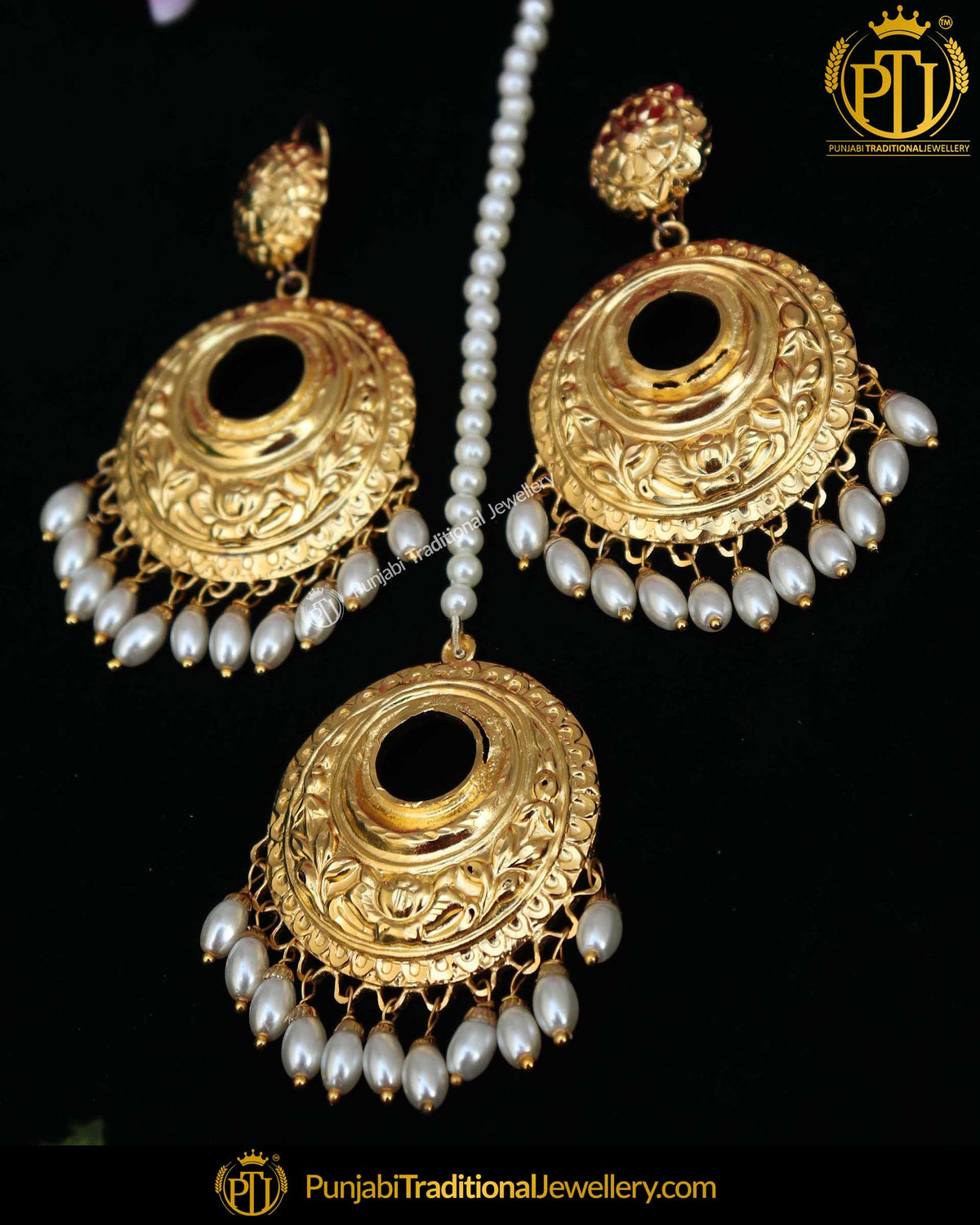 Gold Finished White Drops Earring Tikka Set | Punjabi Traditional Jewellery Exclusive