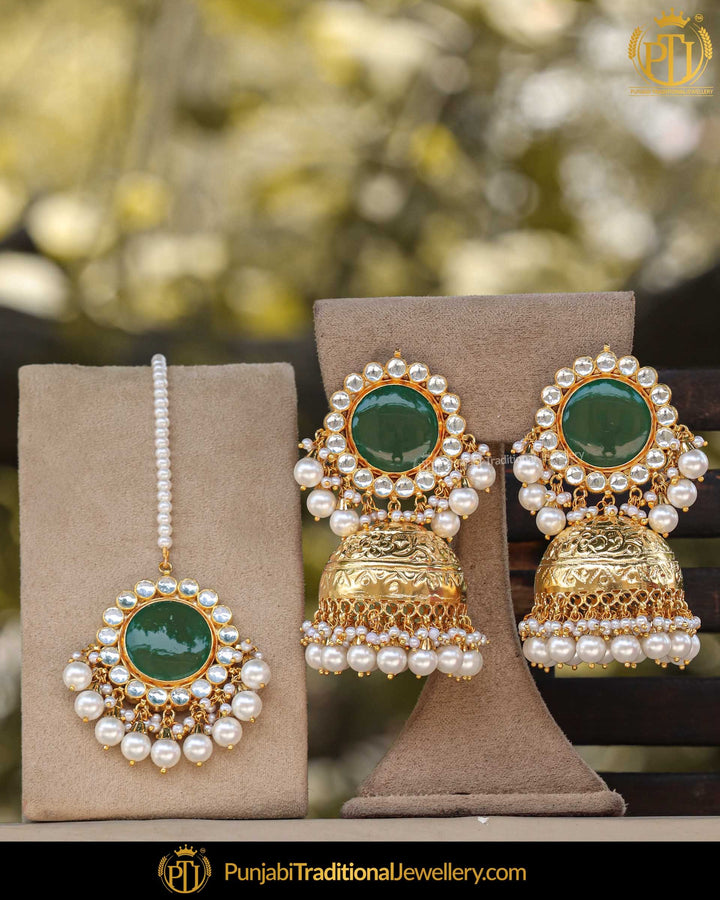 Gold Finished Kundan Pearl Jhumki Green Earrings & Tikka  | Punjabi Traditional Jewellery Exclusive