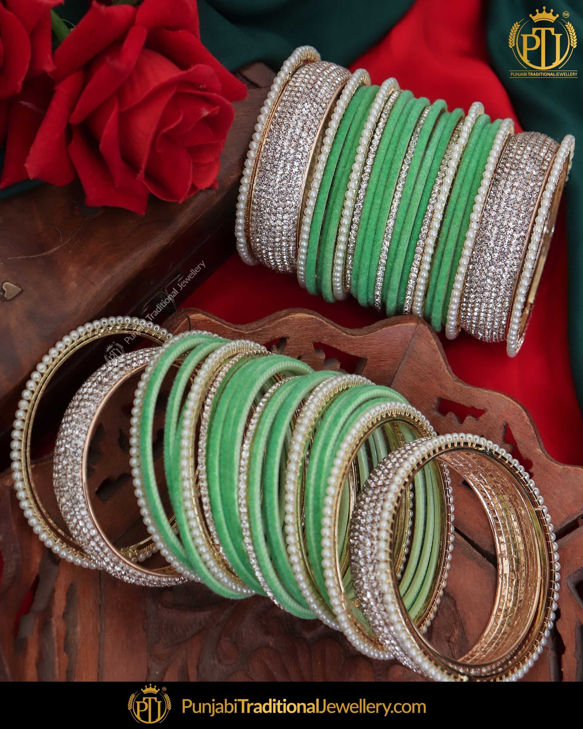AD Stone Green Thread Pearl Bangles Set (Both Hands Pair) | Punjabi Traditional Jewellery Exclusive