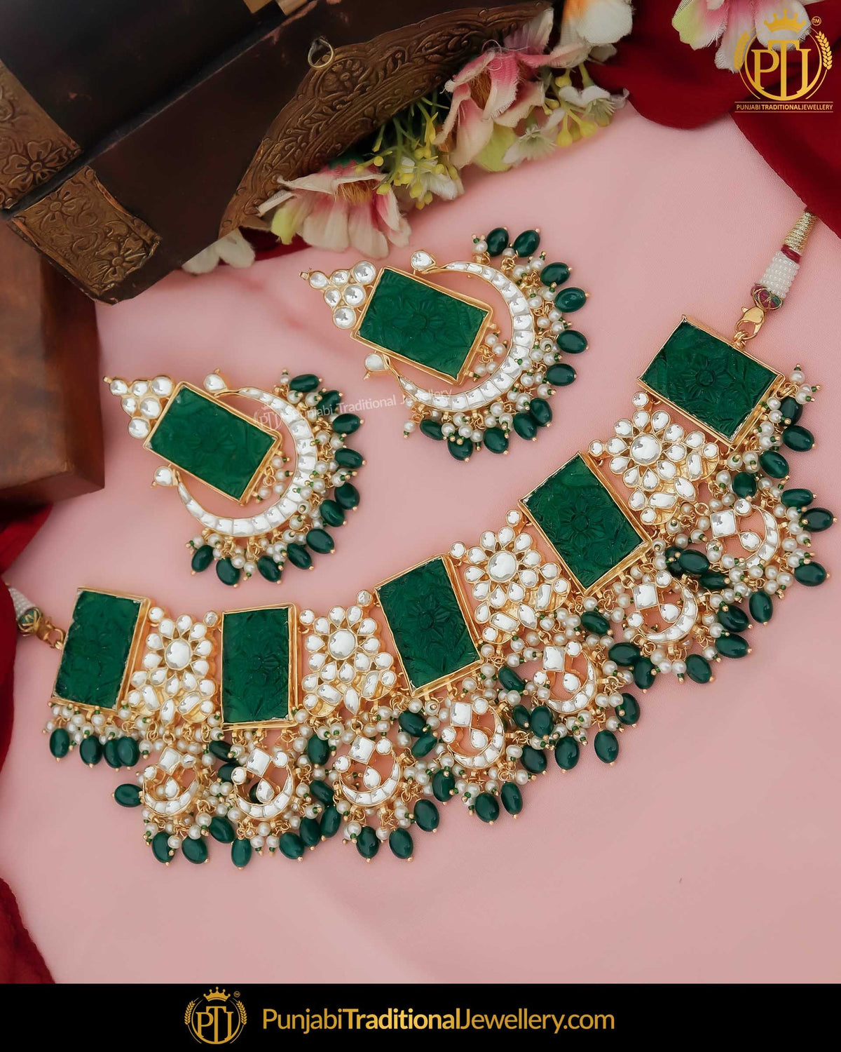 Gold Finished Green Kundan Pearl Necklace Set | Punjabi Traditional Jewellery Exclusive