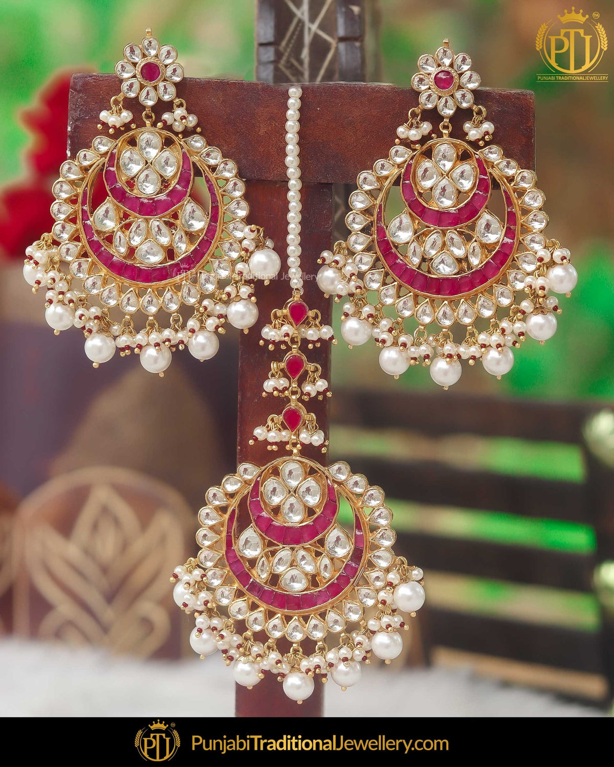 Gold Finished Kundan Pearl Rubby Earring Tikka Set | Punjabi Traditional Jewellery Exclusive