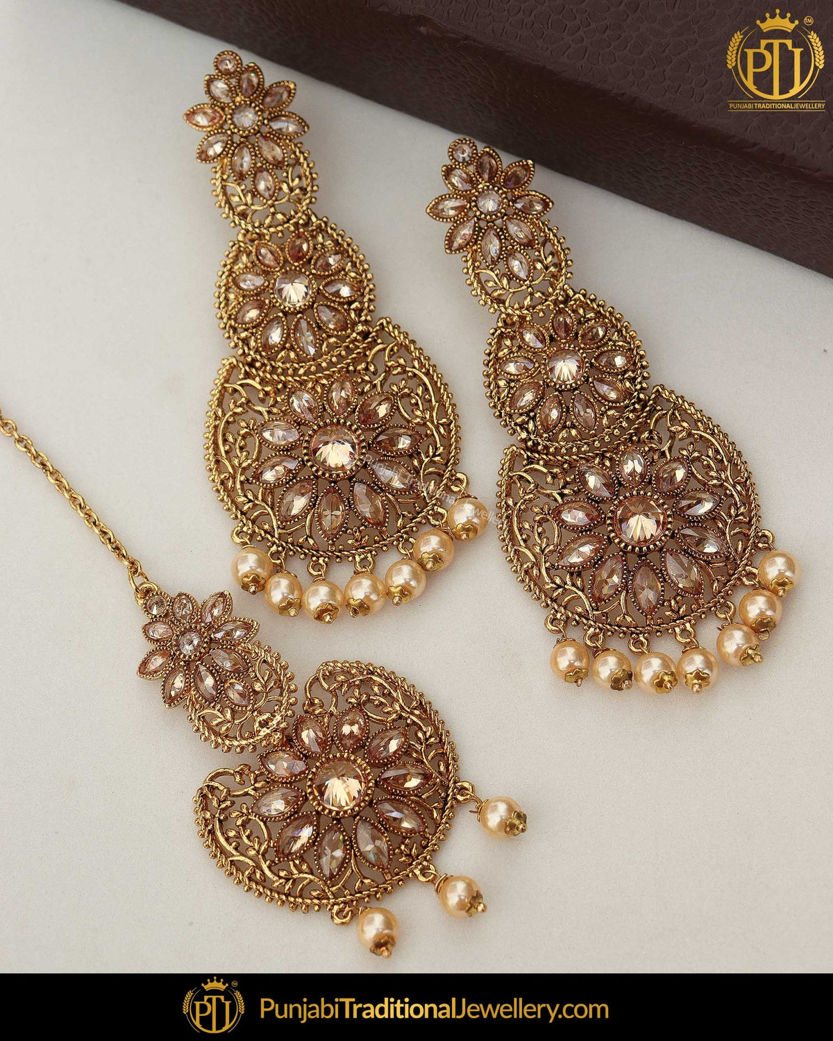 Gold Finished Chamapgne Stone Pearl Earring Tikka Set | Punjabi Traditional Jewellery Exclusive