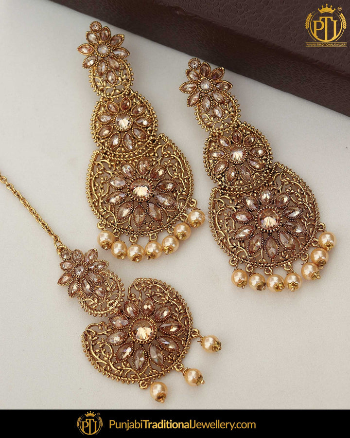 Gold Finished Chamapgne Stone Pearl Earring Tikka Set | Punjabi Traditional Jewellery Exclusive